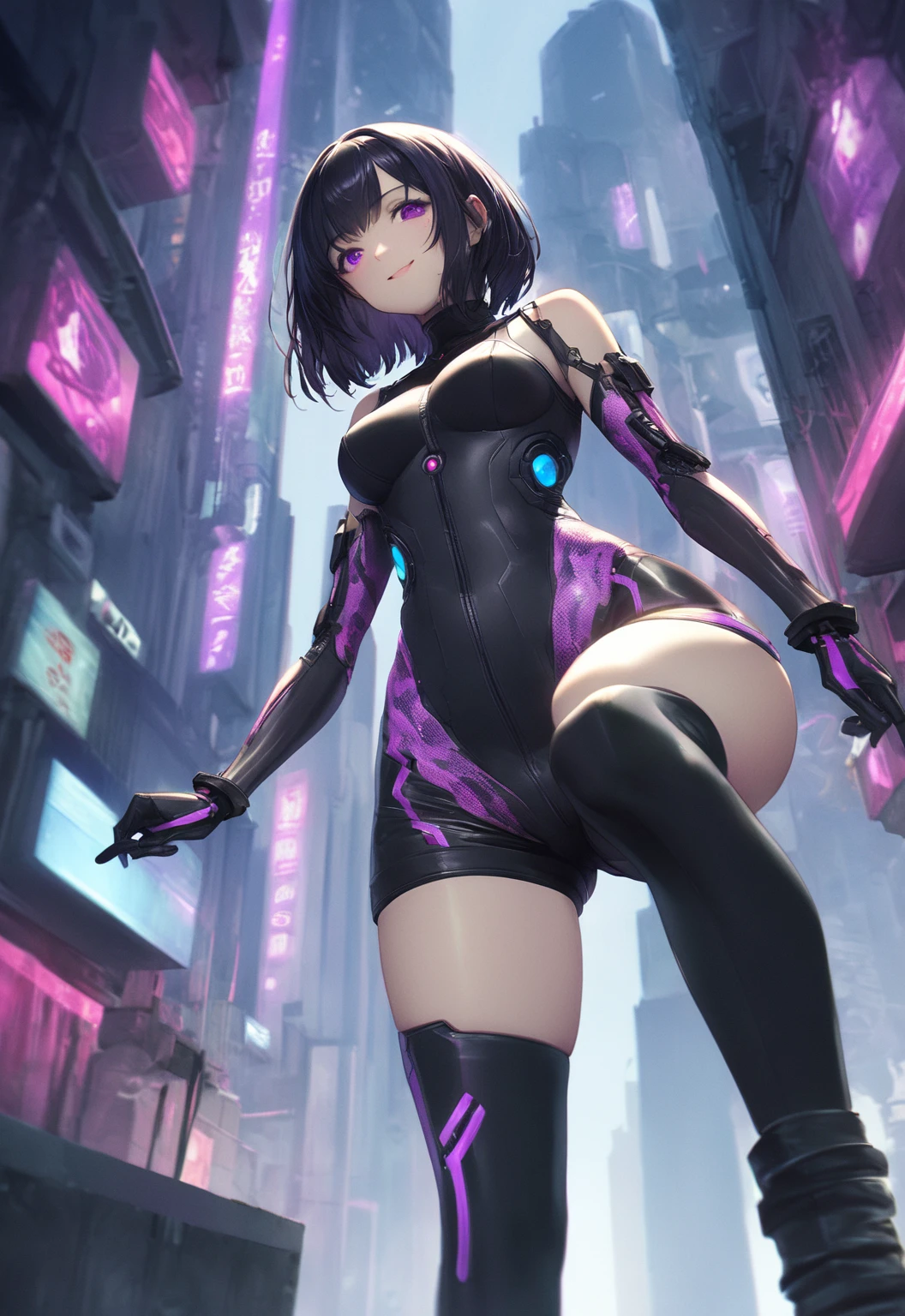 anime girl in a purple and black suit with a purple mask, oppai cyberpunk, laserpunk fullbodysuit, cyber suit, perfect anime cyborg woman, cute cyborg girl, android heroine, girl in mecha cyber armor, female cyberpunk anime girl, biomechanical oppai, clothed in cyber armour, gynoid cyborg body, perfect android girl