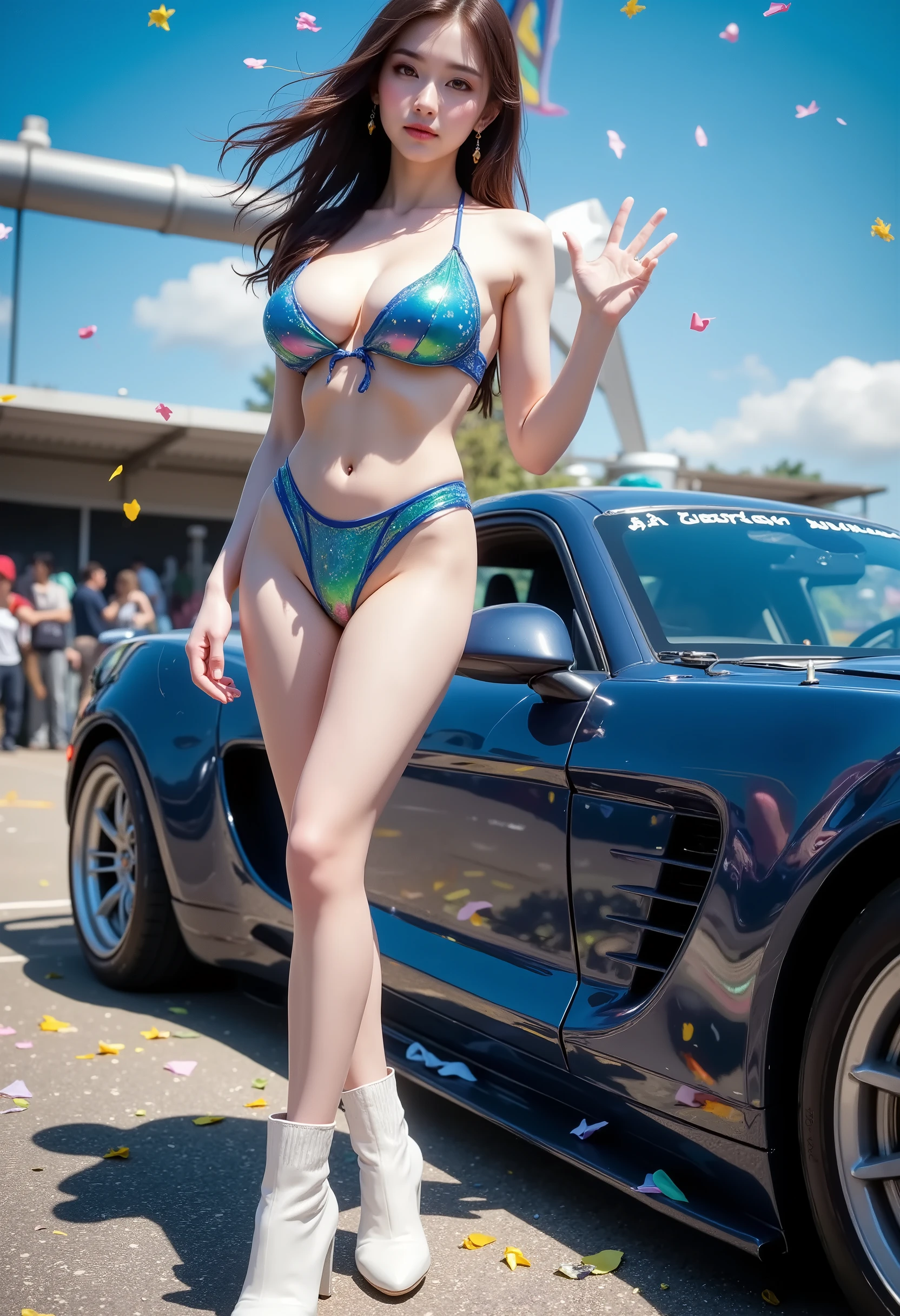 Highest quality, Super quality, 16k, Incredibly absurd, Very detailed, 2.5D, delicate and dynamic, blue sky, Confetti, Racing Car, flag, Small face, Extremely delicate facial expression, Delicate eye depiction, Extremely detailed hair, full body shot, erotic, sole sexy lady, healthy shaped body, 22 years old lady, grid girl, 170cm tall, ((large breasts:1.2), (huge breasts:1.2), (Uplifted and well-defined bust:1.2), (lifted chest:1.2), (perky breasts :1.2),(deep cleavage:1.4), sexy long legs,, Glowing Skin, , Flashygrid girl costume, blue tight skirt, white leather long boots, standing next to the racing cars, Auto Racing Track
