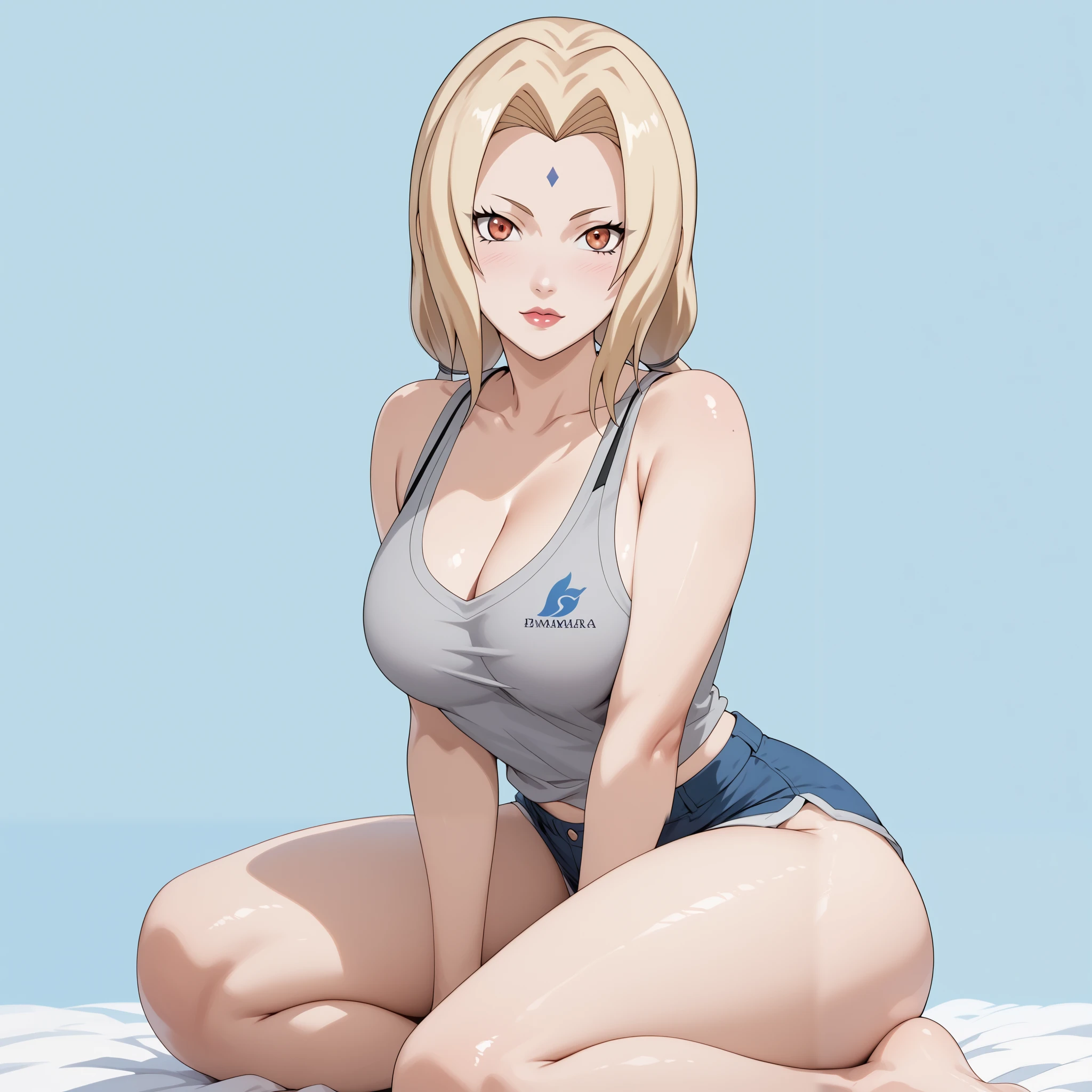 Masterpiece, extremely detailed,perfect quality,4k ,2D ultra graphic,anime,tsunade,bigbreasts ,sexy,perfect sexy body,slim body,sexy ass,long legs,beauty korean face ,manhwa face ,ambarrased face ,white tanktop,sexy short pants,front looks,white plain background