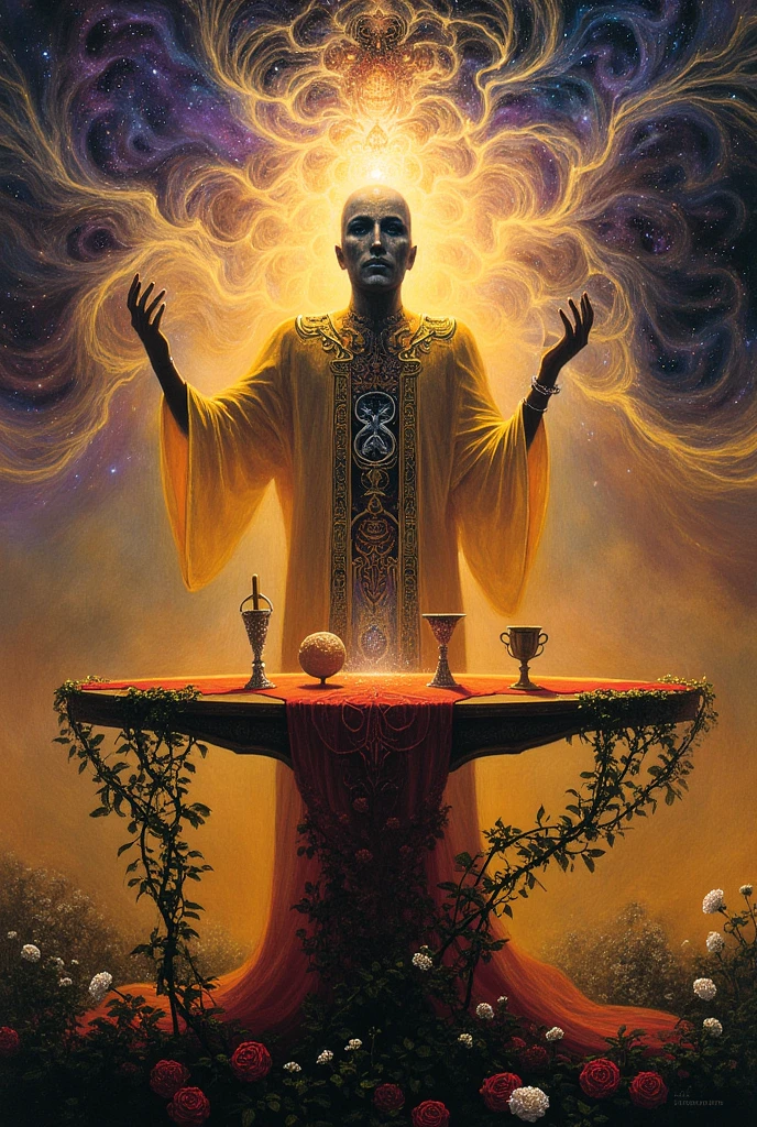 "A youthful magician stands confidently at the center of the scene, dressed in flowing robes with intricate patterns of cosmic symbols. His right hand points to the sky, channeling energy from the heavens, while his left hand points to the earth, symbolizing the flow of divine power into the material world. A table before him holds the four symbols of the tarot: a wand, a cup, a sword, and a pentacle, glowing faintly with magical energy. The background is a vibrant sky filled with swirling galaxies, luminous stars, and shimmering waves of light in a gradient of gold, purple, and blue. Vines of blooming red roses and white lilies weave around the base of the table, adding a touch of natural beauty. The overall tone is dynamic, radiant, and filled with infinite possibilities, capturing the essence of creation and mastery."