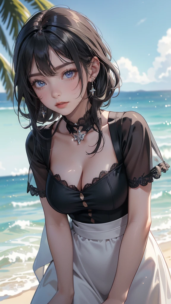 absurdres, RAW photo, extremely delicate and beautiful, masterpiece, Best Quality, ultra high resolution, 32k, hyperrealistic, ultra-detailed, delicate facial features, beautiful detailed woman, tearful mole, earring, medium breasts, full body shot, medium hair, black hair, Legendary Pirate, blouse, short skirt, off shoulder, Eroded Coastline,