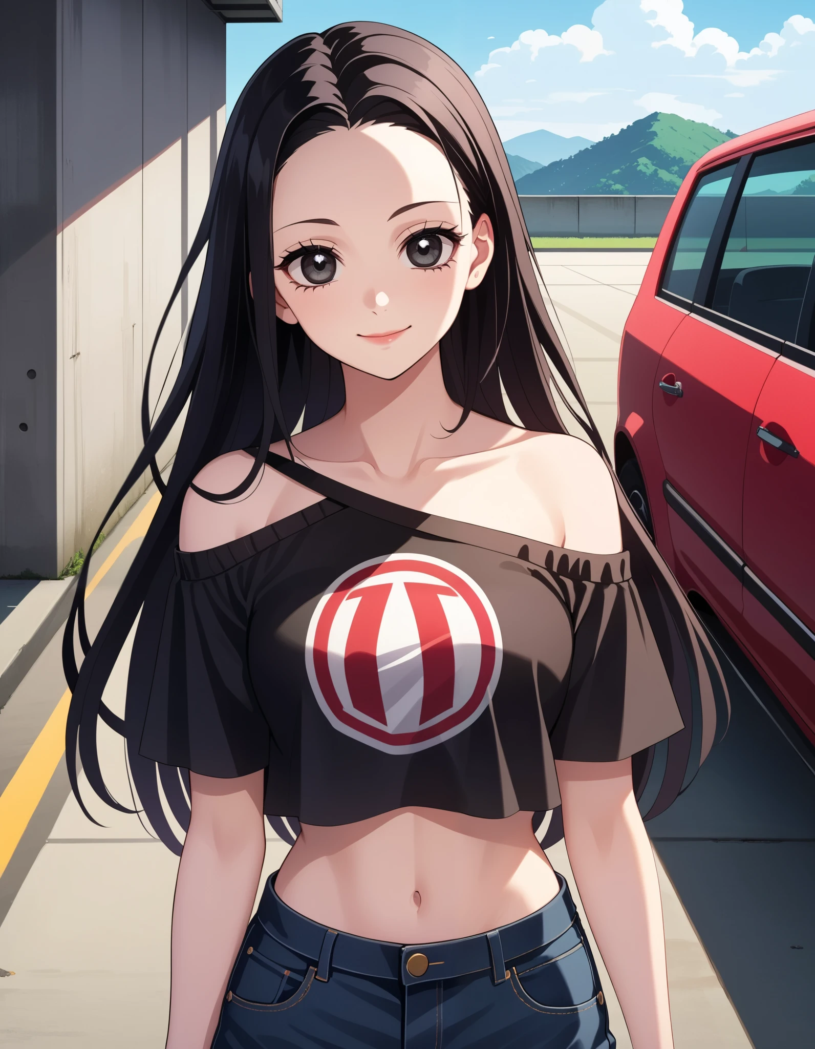 score_9, score_8_up, score_7_up, vivid colors, (Demon Slayer, Kimetsu no yaiba style), (nezuko kamado, JK), (1girl, solo), upper body, (black long hair, smooth straight hair, asymmetrical parting hair:1.1), forehead, (black eyes:1.1), pale skin, (off shoulder crop top, medium breasts), bare abdomen, denim shorts, smile, looking at viewer, (standing in the car park, concrete wall, concrete floor)