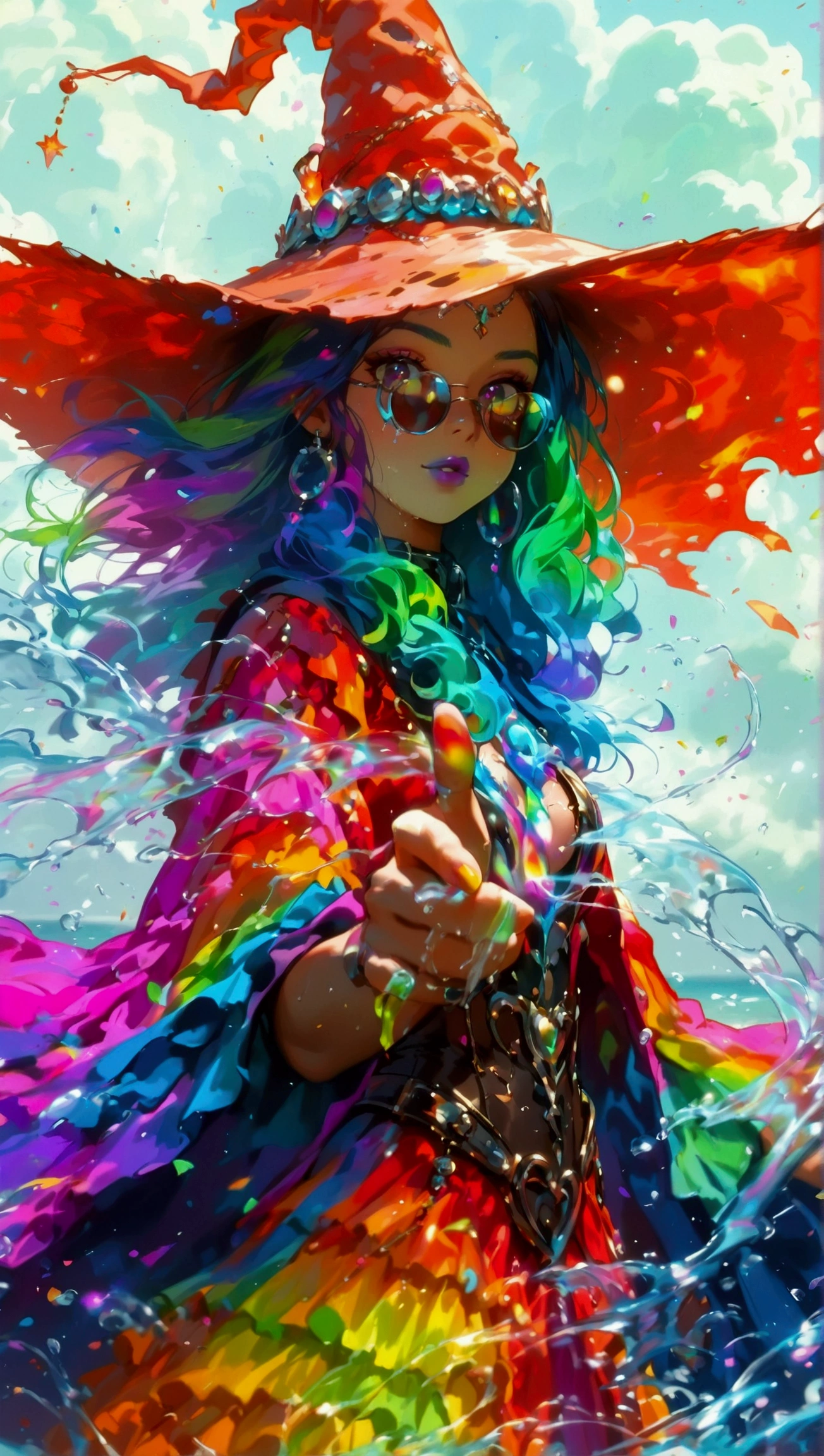 A four element witch, a stocky muscular middle-age woman, rainbow coloured witch dress, long wavy rainbow hair, casting incantation that creates stone and soil vortex on her feet, water vortex on her hips, fire vortex on her chest and cloud vortex over her head. All vortexes blended and crash into each other in a powerful clashes. The dynamic movement is captured by the camera from the front. Cowboy shot.