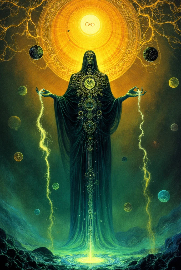 "A powerful and enigmatic figure stands in the center, representing the Magus (The Magician). His posture is dynamic and commanding, with one hand extended upwards holding a glowing wand that channels vibrant cosmic energy, and the other hand gesturing downwards, completing the flow of divine power. The figure is surrounded by swirling, abstract patterns of vibrant colors—gold, deep indigo, and emerald green—evoking a sense of alchemical transformation and universal connection. Symbols of the elements—wand, cup, sword, and disk—hover around him, each radiating ethereal light. The backdrop is a surreal, otherworldly space filled with geometric patterns, zodiac symbols, and glowing sigils, merging mysticism and science. The character is dressed in flowing, multi-layered robes adorned with arcane symbols and glowing threads of energy, blending traditional occult aesthetics with a futuristic edge. Above him, the infinity symbol shines brightly, while below him, a swirling vortex of energy connects the material and spiritual realms. The atmosphere is intense, mysterious, and filled with limitless creative potential, capturing the profound essence of The Magus in the Thoth Tarot tradition."