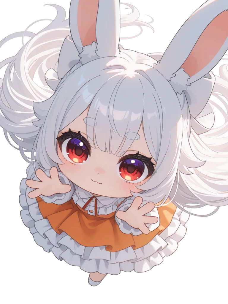 solo,1girl\((chibi:1.5),cute,kawaii,(white hair:1.4),(very long hair:1.6),bangs,(ear\(fluffy,white,rabbit-ear\):1.4),red eye,big eye,beautiful shiny eye,skin color white,big hairbow,(white frilled dress:1.3),breast,cute pose,cute hand sign\),background\(some roses,by the beautiful lake,((beautiful sunny day))\),,close-up girl,dynamic angle,3d,(((dynamic pose))),from above,masterpiece,best quality,newest,