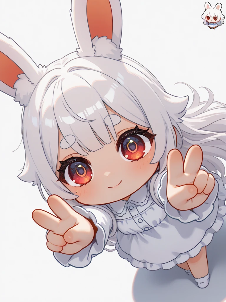 solo,1girl\((chibi:1.5),cute,kawaii,(white hair:1.4),(very long hair:1.6),bangs,(ear\(fluffy,white,rabbit-ear\):1.4),red eye,big eye,beautiful shiny eye,skin color white,big hairbow,(white frilled dress:1.3),breast,cute pose,cute hand sign\),background\(some roses,by the beautiful lake,((beautiful sunny day))\),,close-up girl,dynamic angle,3d,(((dynamic pose))),from above,masterpiece,best quality,newest,