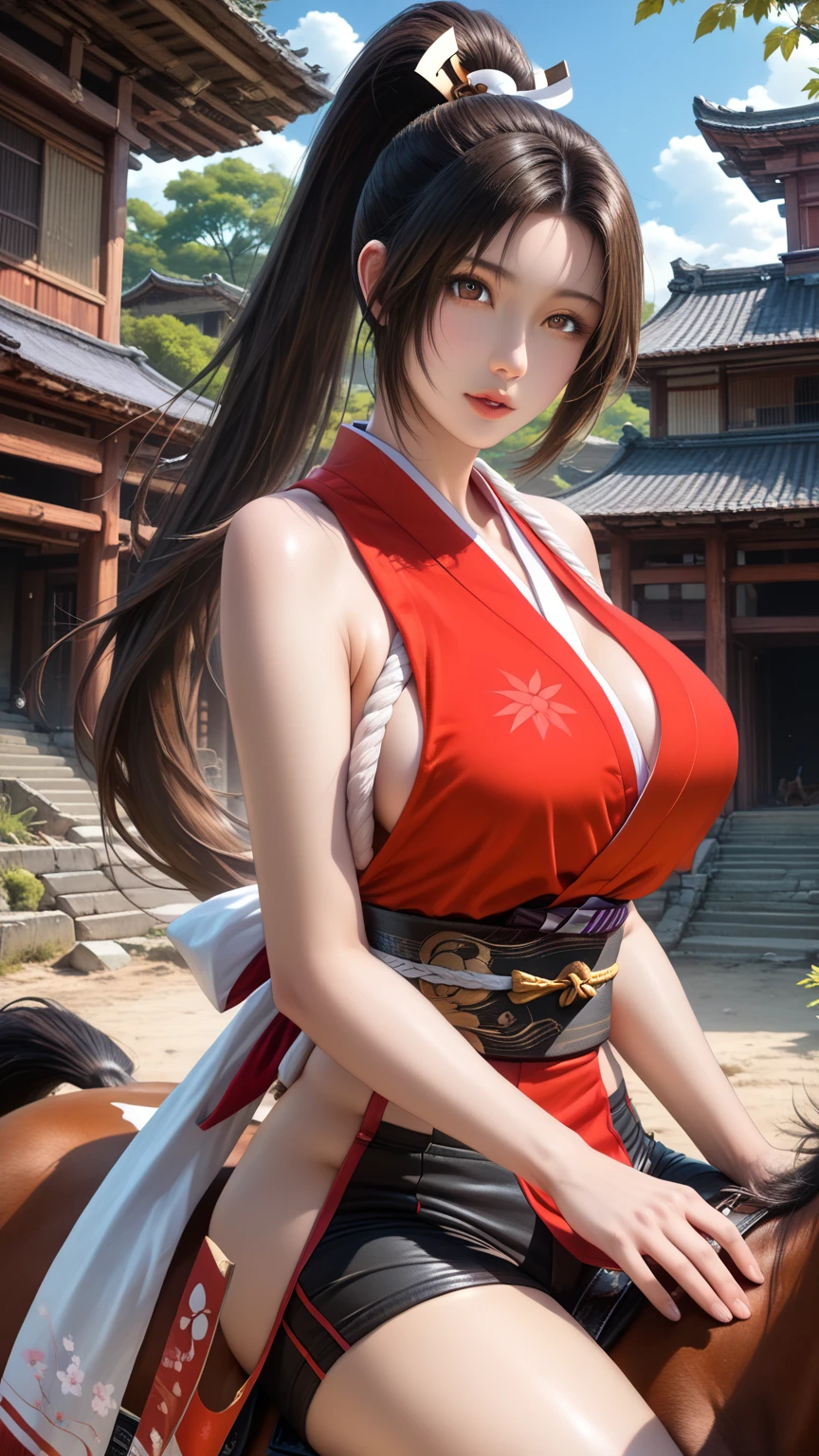 score_9,score_8_up,score_7_up,high res image,masterpiece,best quality,realistic,Mai Shiranui,(plump:1.7),(black pupil:1.2),(brown black hair:1.3),(High ponytail:1.3),(revealing japanese clothes, pelvic curtain:1.5),(horseback_riding:1.4),(building_ruins:1.3),((black_shorts:1.3)),(;d:1.4),(((close one eye:1.4))),(uvula:1.3),