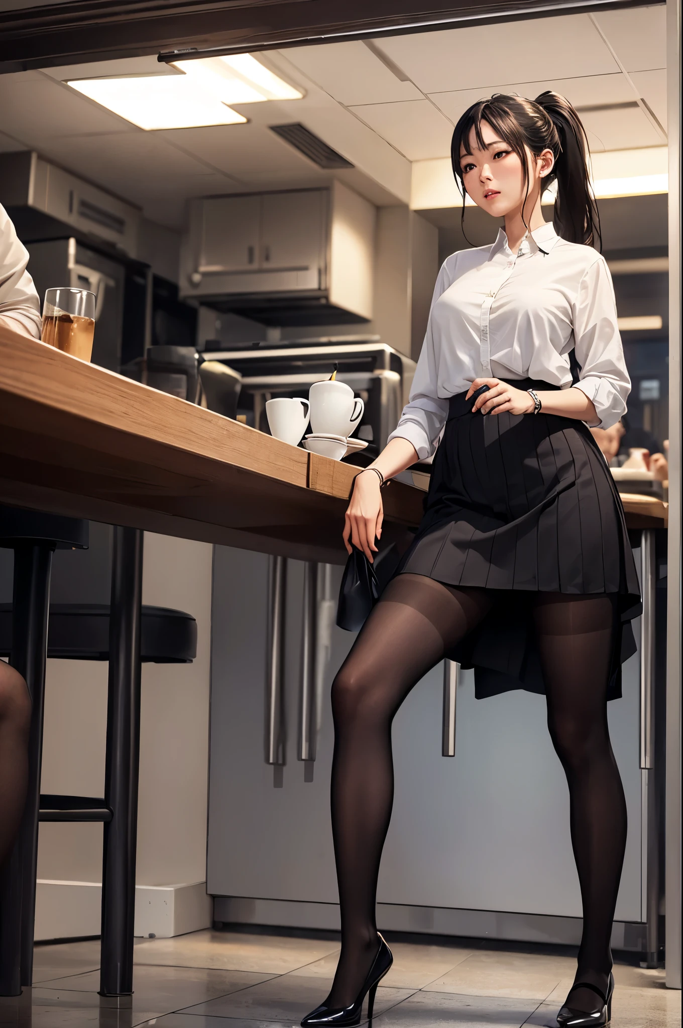 (best quality, masterpiece), Depth of Field, Blurred background, cowboy_shooting, Thick thighs, permanent, Solitary, 1 Girl, Orange long hair, (Ahog:0.9), Glasses, Bangs, Purple Eyes, (Full face blush), ((Bunny Girl, Pantyhose, Bunny ears, High Legs, High Legs Tights, black Tights, Tights)), bar, night club, night,