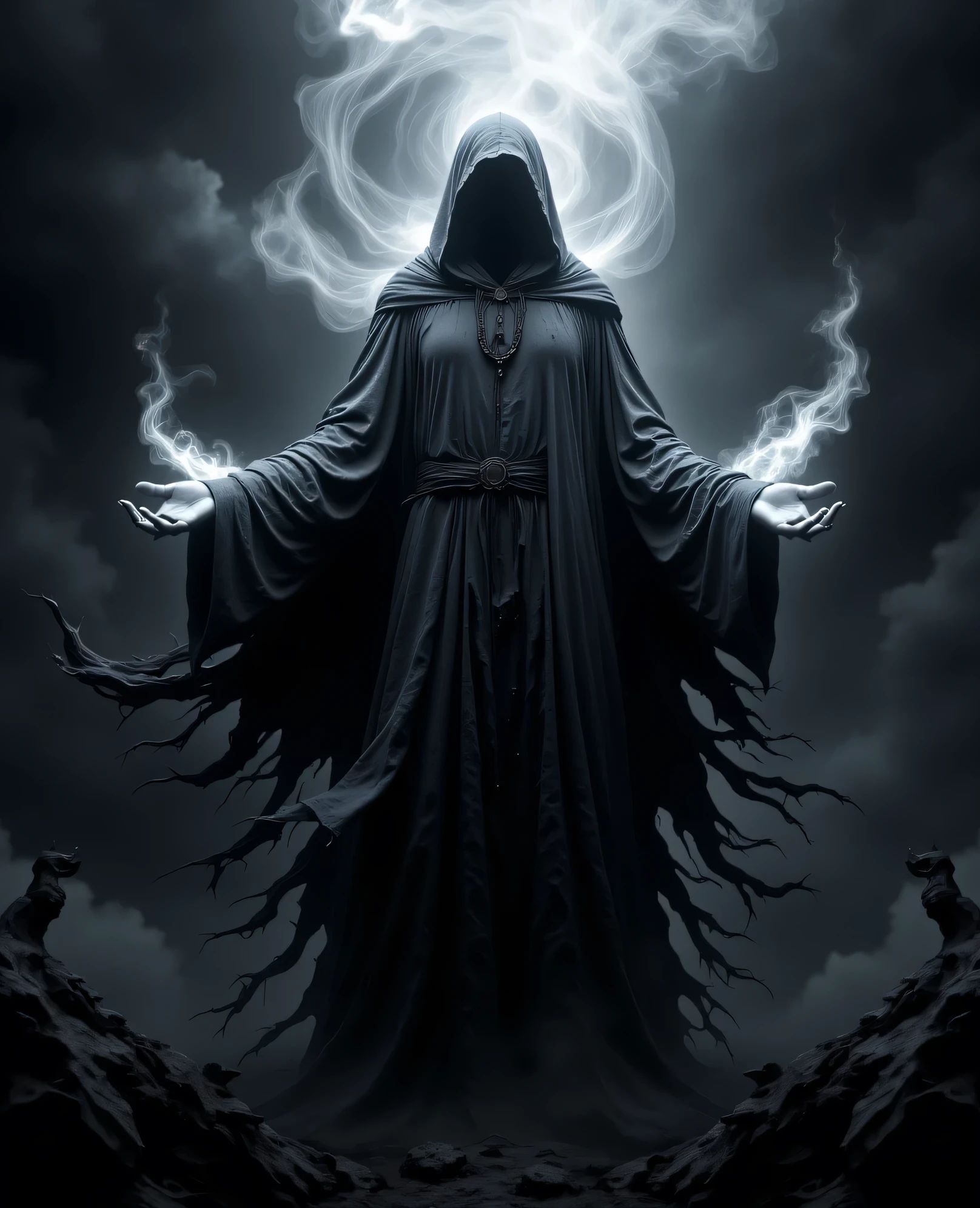This is a dramatic, CGI-generated image depicting a powerful, mystical scene steeped in void-like darkness. The central figure is an imposing, hooded entity, draped in a tattered cloak that billows eerily around them, as if alive with the essence of shadow itself. Their face remains obscured by the deep shadows of the hood, enhancing the enigmatic and ominous atmosphere. As they stand with arms raised and hands open, a swirling mass of void energy radiates from their fingertips, distorting the surrounding darkness and hinting at their immense control over the chaotic forces of the abyss that swirl around them, pulling in light and matter alike.