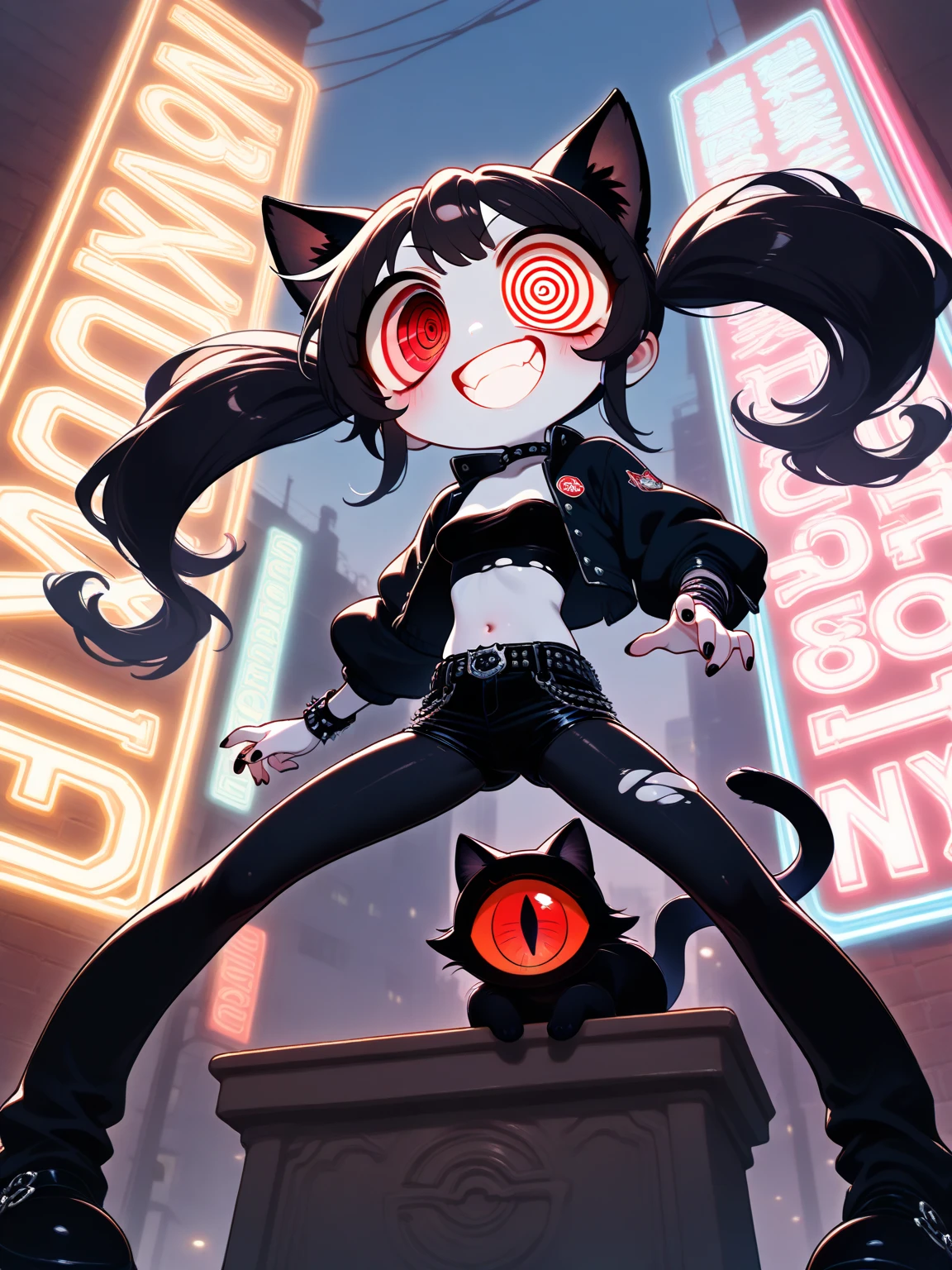 (solo:1.2), 1girl\( cute, Cute,(Evil Smiles), stand on the podium, text at podium ("YAY♥":1.4), ( black hair:1),( long hair),(twin tails:1.5),  red eyes, (detailed eye:1.4),spiral eye, short jacket, shining eyes, (big eyes),(breast:1.2),(white skin:1.3), (punk fashion:1.6),(ripped clothes:1.3),(tight tube top),(tight hot pants),(stomach shown:0.8),(abs:0.8),(ripped black short jacket:1.4),(Fluffy black cat ears:1.6),(dynamic pose:1.4)\). BREAK .background\(outside, Noisy city, Backstreet,  narrow street,  from below, At midnight, neon lights\), pop art,  brightly colored , ( graffiti art:0.5)