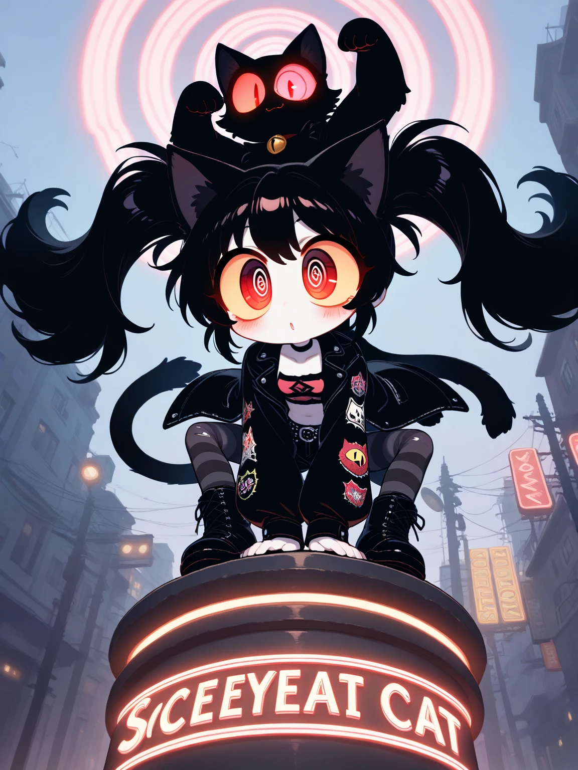 (solo:1.2), 1girl\( cute, Cute,(Evil Smiles), stand on the podium, text at podium ("YAY♥":1.4), ( black hair:1),( long hair),(twin tails:1.5),  red eyes, (detailed eye:1.4),spiral eye, short jacket, shining eyes, (big eyes),(breast:1.2),(white skin:1.3), (punk fashion:1.6),(ripped clothes:1.3),(tight tube top),(tight hot pants),(stomach shown:0.8),(abs:0.8),(ripped black short jacket:1.4),(Fluffy black cat ears:1.6),(dynamic pose:1.4)\). BREAK .background\(outside, Noisy city, Backstreet,  narrow street,  from below, At midnight, neon lights\), pop art,  brightly colored , ( graffiti art:0.5)