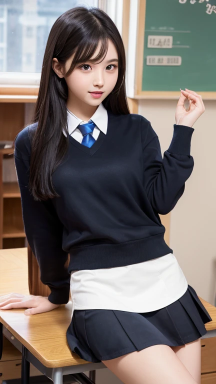 (masterpiece、top-quality:1.2), Surreal Schoolgirl, 独奏, 1girl in, yukinoshita yukino, (shinny skin、wetted skin:1.2), Wearing sweat, A slight smil, Look at viewers, all-fours, 校服, white shirt, Plaid skirt, thighs thighs thighs thighs, PM, Classroom Surreal High School Girl full bodyesbian