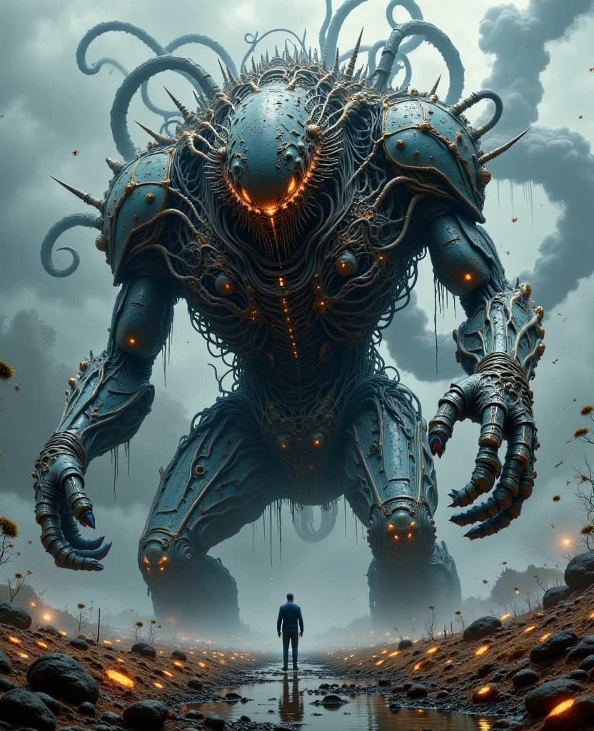 Cthulhu monsters,Giant jellyfish,fluorescence,Intricate roots,Mechanical tentacles,hyper realisitc,muscline,complexdetails,Black and red metal skeleton