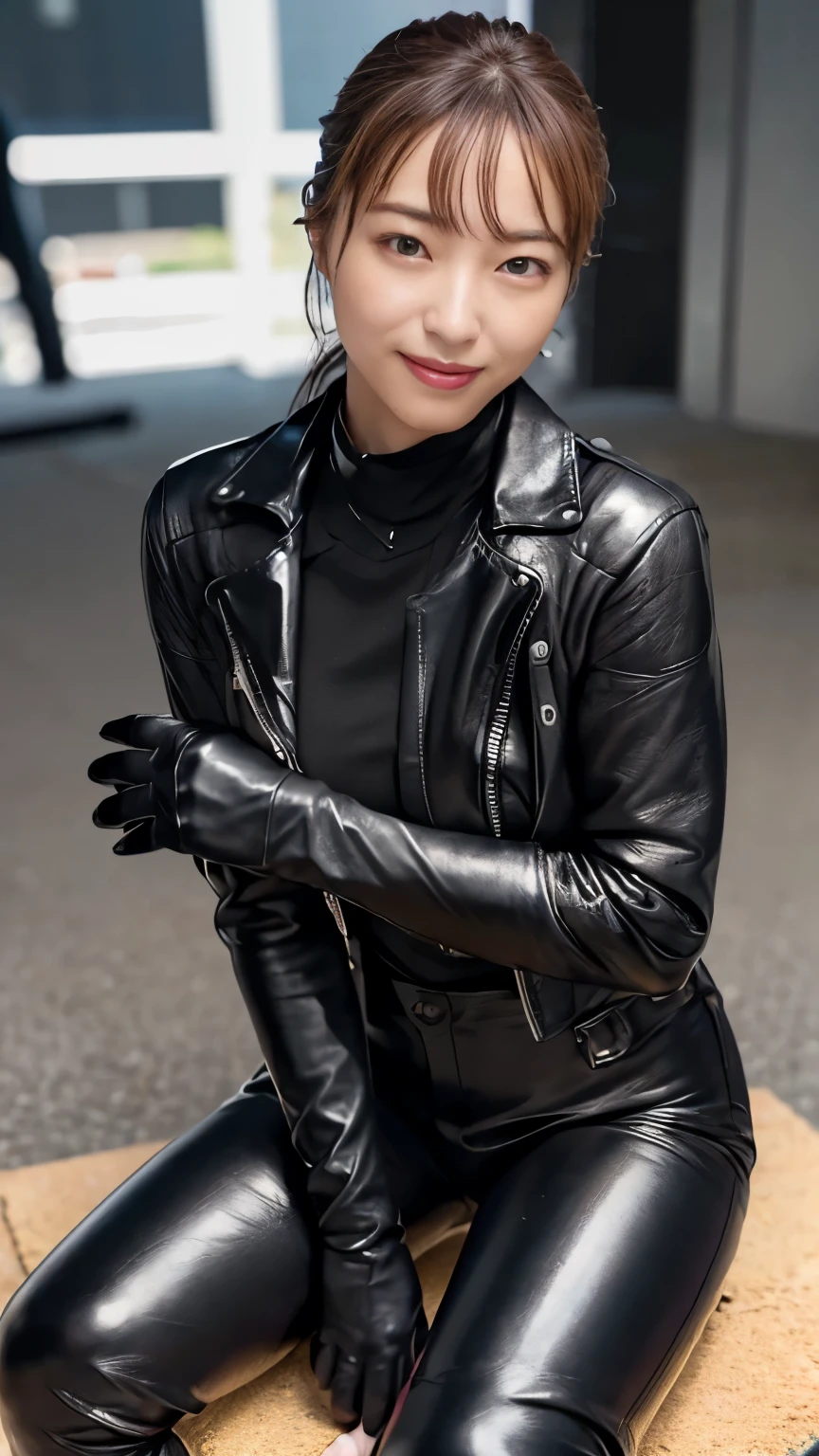 ( glossy black leather riders jacket:1.2), Office in the Dark, Black leather gloved fingertips on both hands,Wearing black leather gloves,Sitting in a black leather chair、 Japanese female new recruits (Black leather gloves cover both hands:1.4) (The angle is in front )、Black Leather Pants,Black Leather Black Leather Pants, black leather skinny pants 、(very tight fit:1.4). Black long leather boots on both feet、 dark hair ponytail that shines when wet((She wears black leather gloves on her hands:1.4))(Full Body Photo:1.3), full body shot full body full body leather suit ,☺(Long boots plus leather pants boots in :1.5)、Full body shot from head to toe、very tight fit. Wearing black leather gloves,Wearing black leather gloves,Wearing black leather gloves,Wearing black leather gloves,Wearing black leather gloves,Wearing black leather gloves,黒のレザーパンツが美しい😍黒のレザーパンツが美しい😍黒のレザーパンツが美しい,😍こちらを見ながら笑faceで微笑んでる,City lights、(Cyberpunk City Street:1.3))、 detailed lighting、
best image quality 、Super high resolution、( realism:1.4)、Korean Beauty Star、The most beautiful KPOP stars、face、Horny Korean Makeup、A body that makes you want to touch it、Realistic leather texture、Costume made of smooth leather fabric、The drape of the curved parts of the leather fabric、The costume is very shiny、Quality of the costume、8K Photo Quality、(shy Smile:1.4)
