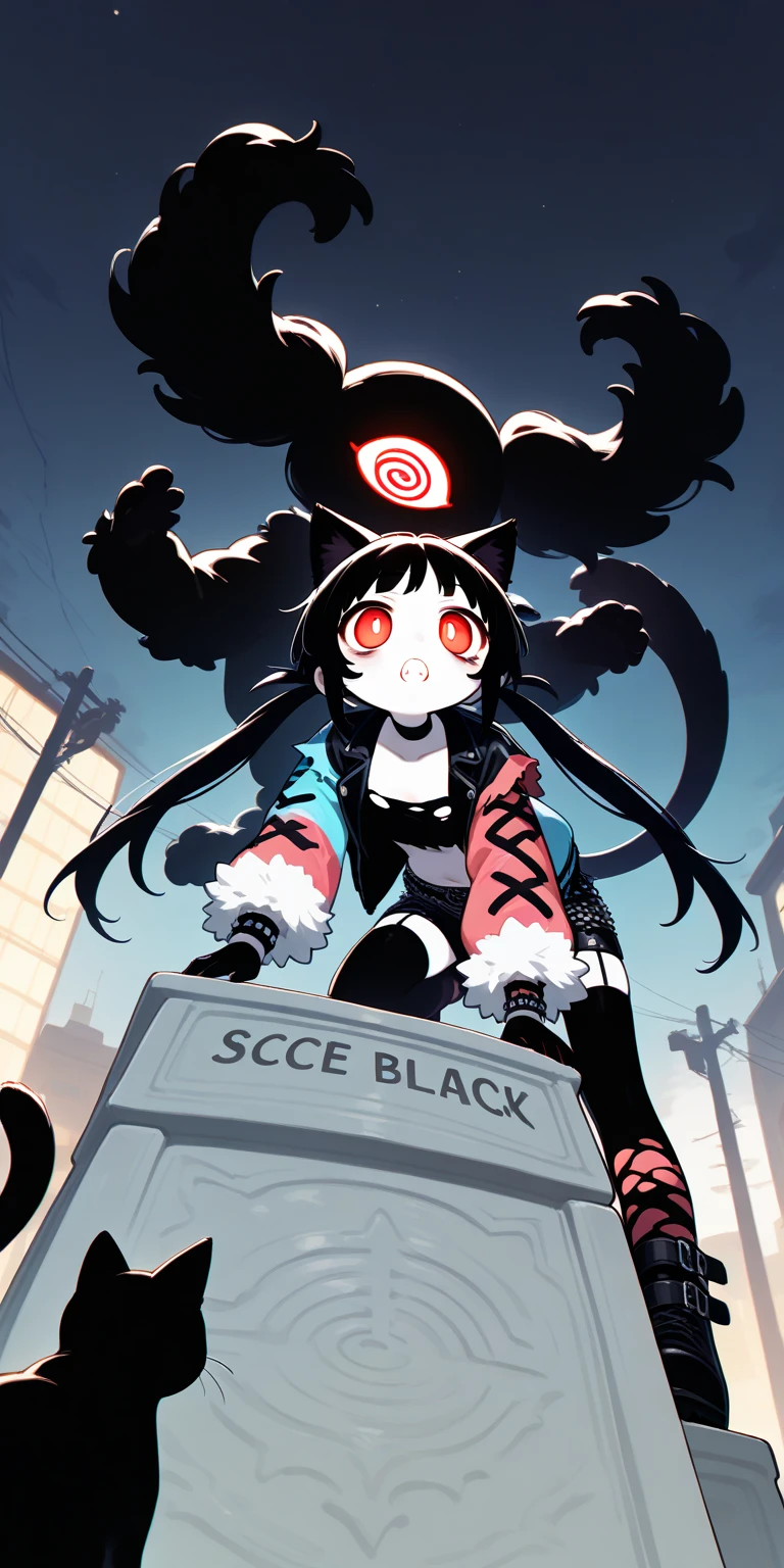 (Alone:1.2), 1 girl\( cute, Cute,( Evil Smiles ),  at your natural neck length,teeth,  stand on the podium, The letters written on the podium, ( black hair:1),( long hair),(twin tails:1.5), red eyes, ( detailed pupils:1.2),spiral eye, shining eyes , ( big eyes),(breast:1.4),( white skin:1.3), (punk fashion:1.6),(ripped clothes:1.3),(tight tube top),(tight hot pants),(The stomach is visible:0.8),( abs:0.8),(ripped black short jacket:1.4),(Fluffy black cat ears:1.6),(Fluffy black cat ears:1.6),(dynamic pose:1.4),bangs\). BREAK .background\(outside, Noisy city, Backstreet,  narrow street ,  from below, At night\), pop art,  brightly colored , ( graffiti art:0.5)