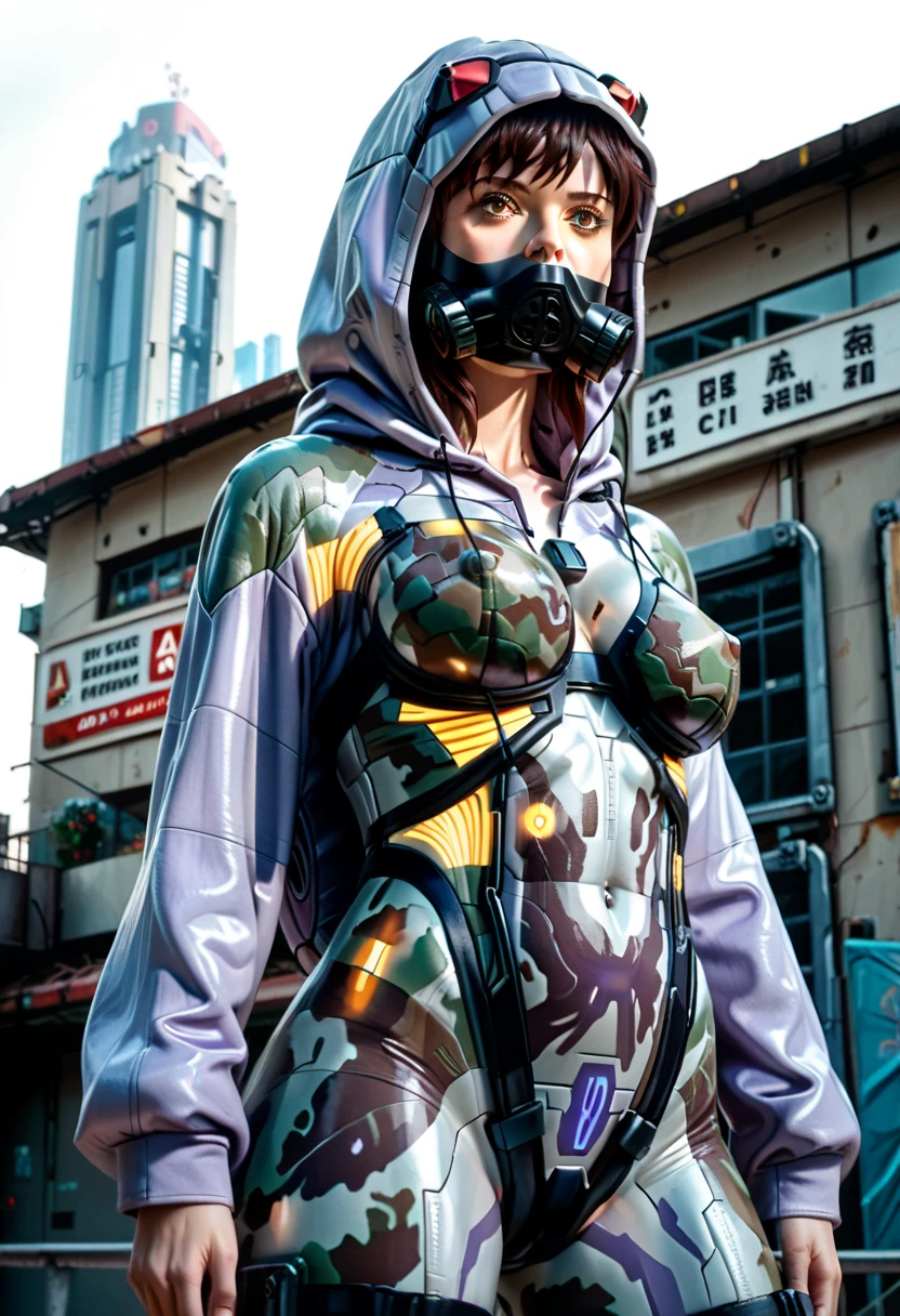 (masterpiece), best quality, expressive eyes, perfect face, female antihero, long blacknhair, hoodie black tightsuit, black gas mask, blend with shadow, (((ghost in the shell Thermoptic camouflage))), (((fading out))), ((vanishing body)), realistic 3d animation, ghost in the shell style, cyberpunk setting world, ((standing in dark rooftop looking down)) ((lots of neons signs and holographic ads in the distance.)) 