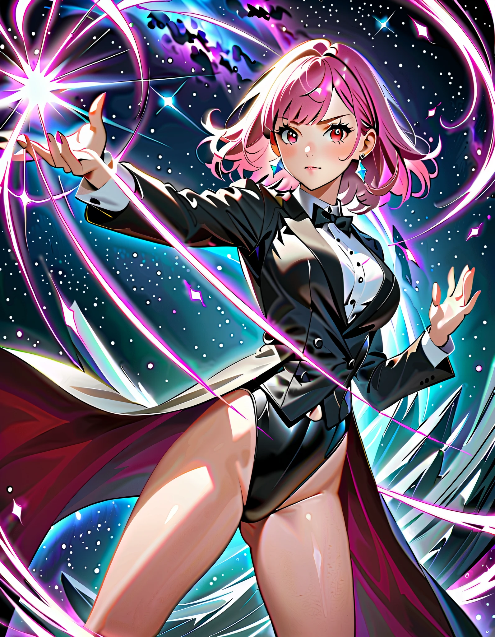 masterpiece, best quality, high res, 4k, 8k, 1girl, solo, solo focus, 1female, pink hair, medium hair, bangs, crystal earrings, red eyes, site collared shirt, black vest, high leg, black leotard, bare legs, black high heels, black tuxedo, magician, casting a spell, standing battle stance, spellcasting, magic, space backdrop, diffraction spikes, light particles, Dutch angle, perfect hands, fix hands.