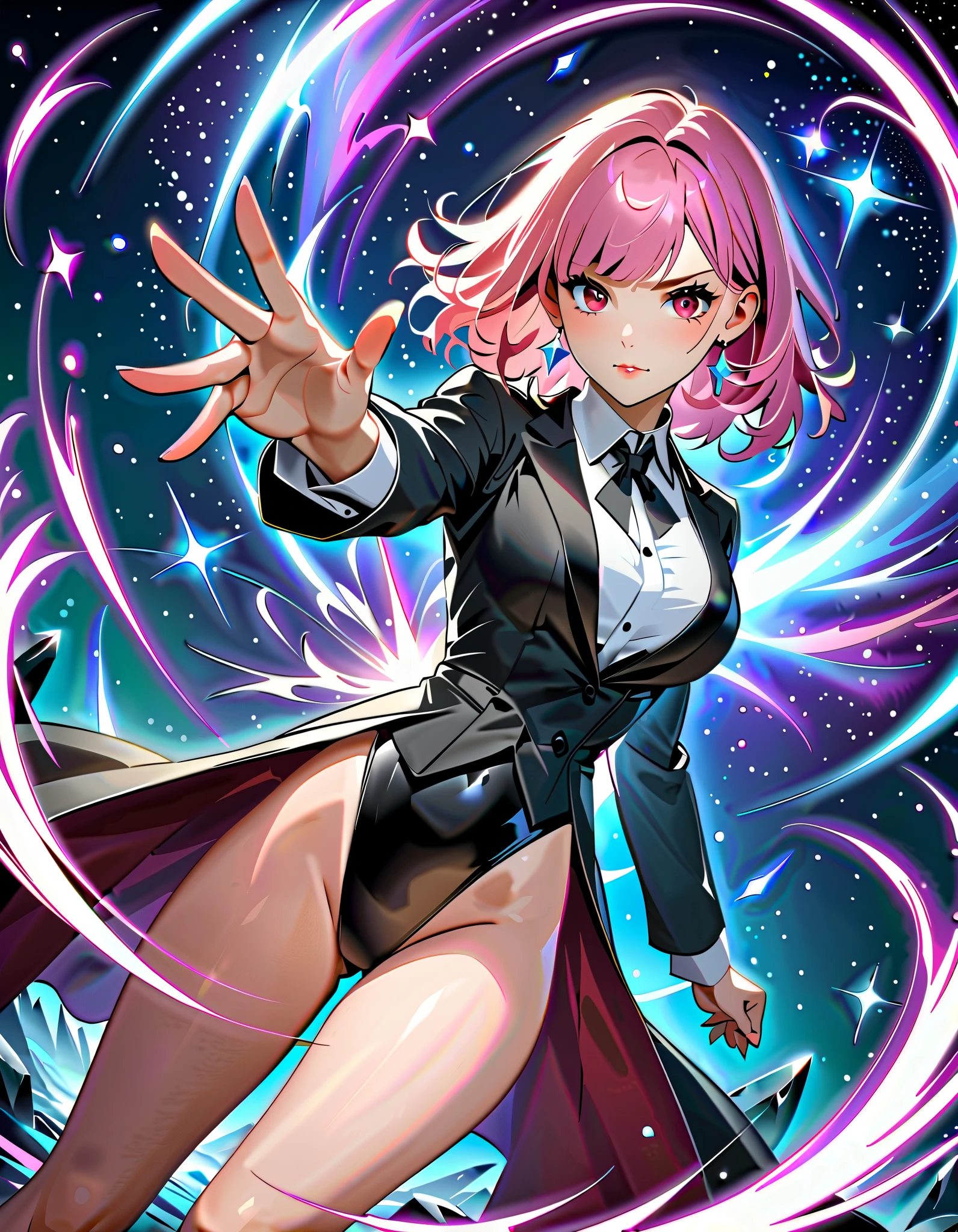 masterpiece, best quality, high res, 4k, 8k, 1girl, solo, solo focus, 1female, pink hair, medium hair, bangs, crystal earrings, red eyes, site collared shirt, black vest, high leg, black leotard, bare legs, black high heels, black tuxedo, magician, casting a spell, standing battle stance, spellcasting, magic, space backdrop, diffraction spikes, light particles, Dutch angle, perfect hands, fix hands.