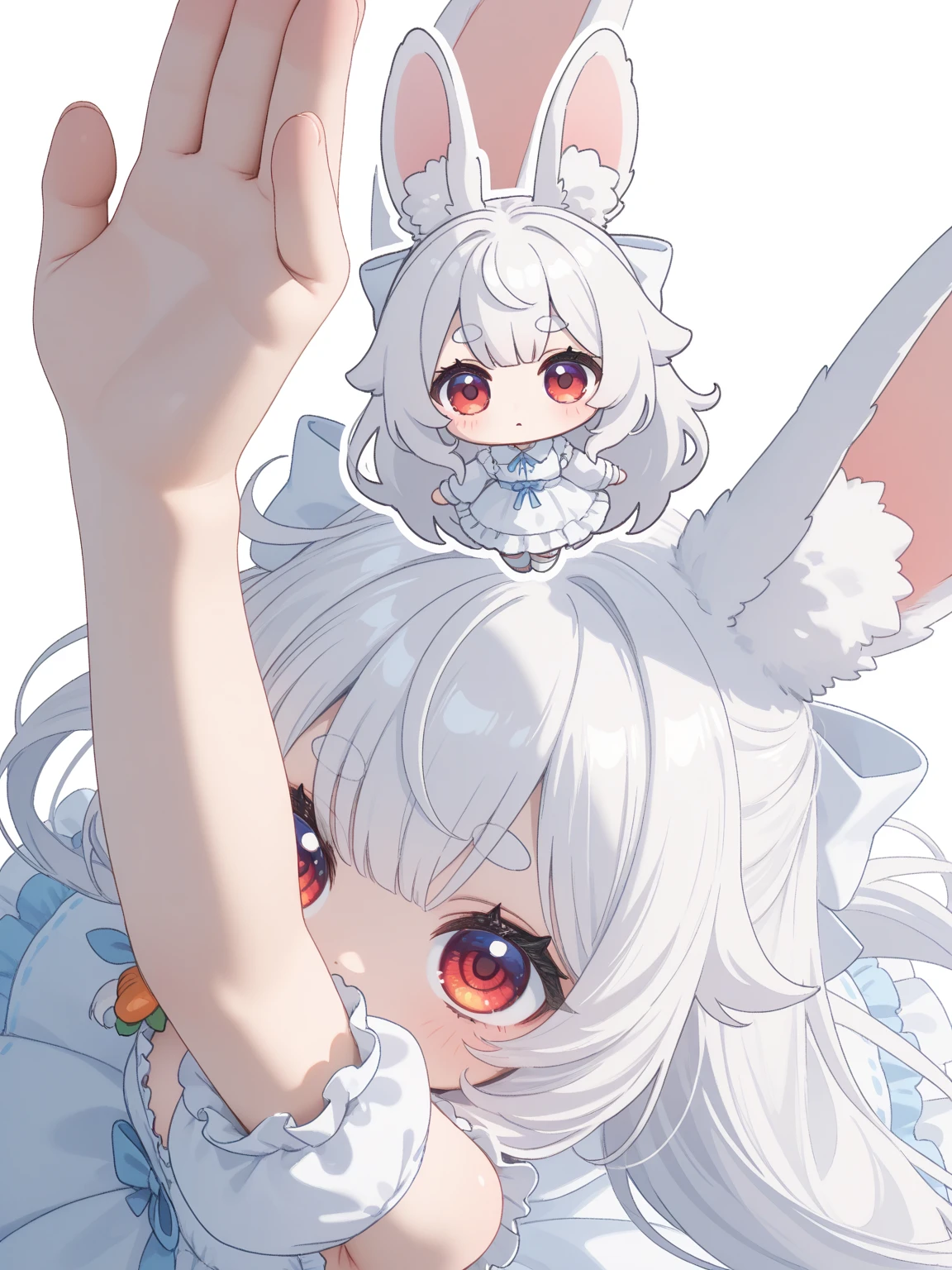 (solo:1.2),1girl\(chibi,cute,kawaii,(white hair:1.4),(very long hair:1.6),bangs,(ear\(fluffy,white,rabbit-ear\):1.4),red eye,big eye,beautiful shiny eye,detailed pupils,skin color white,big black hairbow\(with print\),(cute white frilled silky dress:1.3),breast,cute pose,cute hand sign,korean idol pose,(cute symbol mark in eye),wrist fur,rabbit-tail,shiny skin,shiny hair,full body,1r1d3sc3nc3, slightly (smile:0.5),looking away\),colorful roses petals, beautiful water drops,beautiful day,fairy tale atmosphere,close-up girl,3d,(((dynamic pose))),masterpiece,best quality,newest,dynamic angle