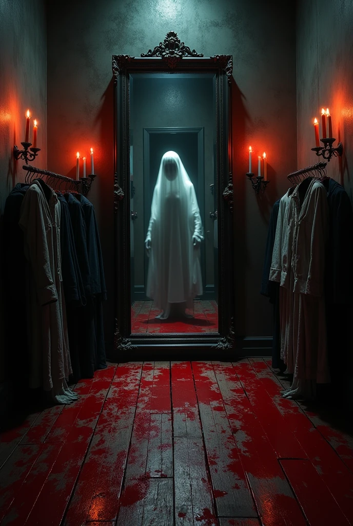 ultra detailed photography of a dark room illuminated by candles, in the center of the room a mirror shows a ghost only visible in the reflection, red paint splattered all over the room, dramatic, claw marks are visible on the wooden floor, chains and robes hanging, dark art by MSchiffer, eerie, creepy, nightmarish