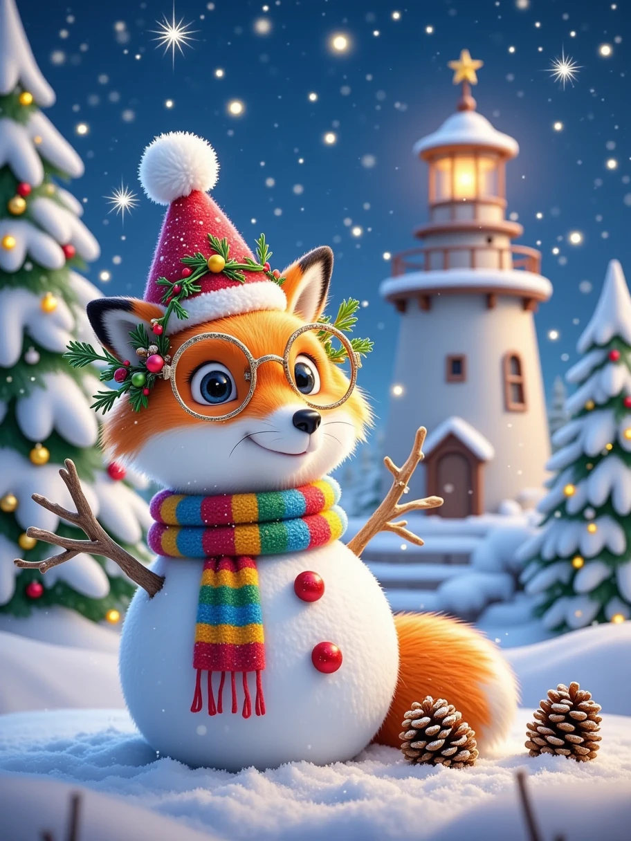  creating a fun and festive ， A clever little fox appeared on Christmas 。 The little fox wore a pair of tiny glasses ， The snowman {x} wears a Christmas wreath made of branches and pine cones on his head， It playfully lay on a snowman's shoulder 。Snowman wearing a red hat， around a colored scarf ， There are a few scenes with a little carrot nose next to 。 Surrounded by a silver wrap ， The roof is covered with thick snow ， There was a warm little lighthouse in the distance ，The lights flashed in the middle of a snowy night ， The sky was full of bright stars ， to create a dreamy Christmas night atmosphere 