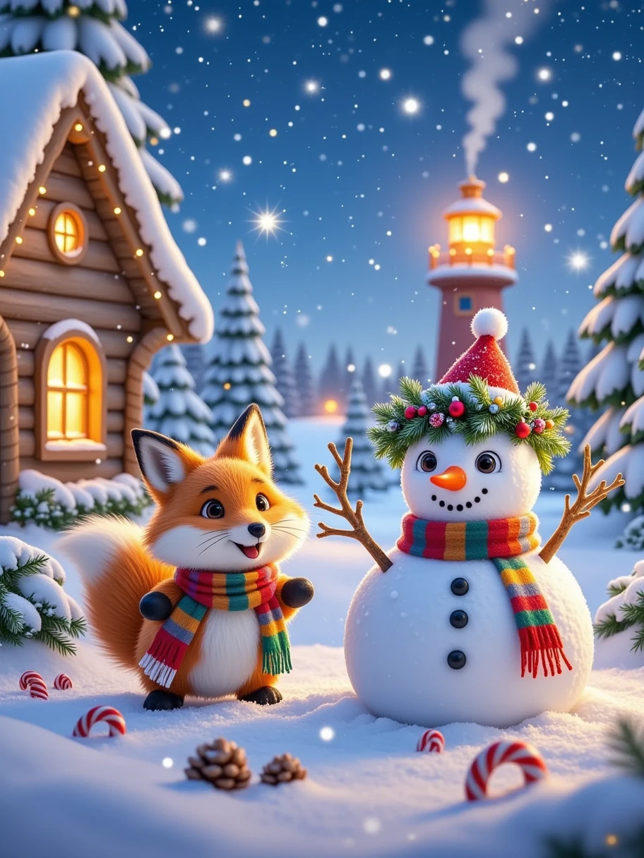  creating a fun and festive ， A clever little fox appeared on Christmas 。 The little fox wore a pair of tiny glasses ， The snowman {x} wears a Christmas wreath made of branches and pine cones on his head， It playfully lay on a snowman's shoulder 。Snowman wearing a red hat， around a colored scarf ， There are a few scenes with a little carrot nose next to 。 Surrounded by a silver wrap ， The roof is covered with thick snow ， There was a warm little lighthouse in the distance ，The lights flashed in the middle of a snowy night ， The sky was full of bright stars ， to create a dreamy Christmas night atmosphere 