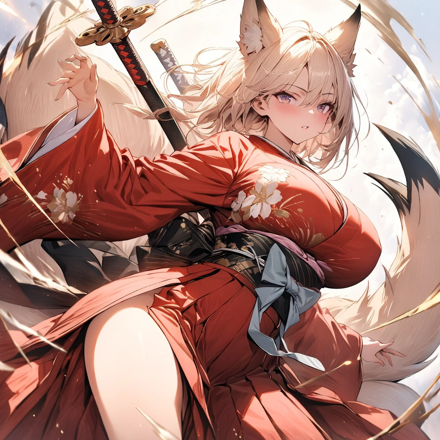 1girl, solo, house, ((masterpiece)), best quality, perfect face, (perfect anatomy), extremely detailed, kitsune, fox ears, fox tail, ringed eyes, side braid, long hair, hair ribbon, bikini armor, grabbing own breast, sword, own hands together, from back