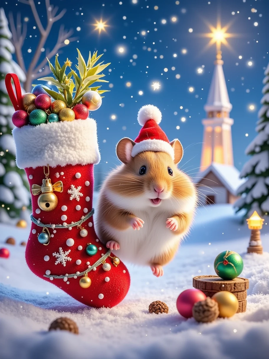  in the distance ， A little hamster is having fun at Christmas 。 The whole picture is filled with bright snowflakes ， The whole picture is full of Christmas fun ， Christmas socks decorated with colorful fleece balls and small colored yarn The bow {x} It excitedly runs around next to a Christmas stocking full of nuts。 The little hamster is wearing a mini Christmas bell hat ， creates a lively and lovely scene 。Snowflakes fall slowly ， There is a small windmill ， The blades of the windmill gently rotate in the breeze ，The sky is dotted with stars ， The whole picture is full of Christmas fun 。