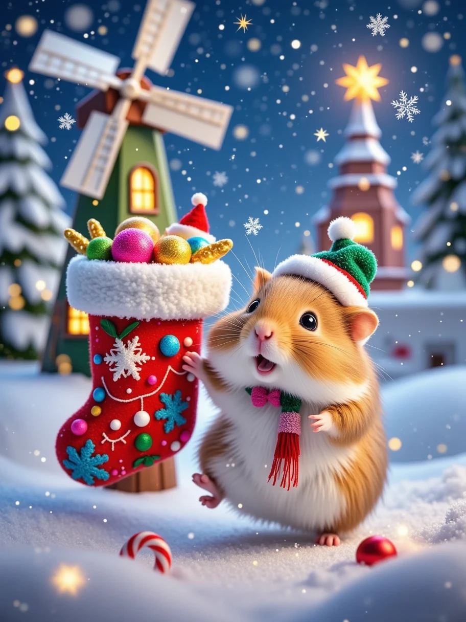  in the distance ， A little hamster is having fun at Christmas 。 The whole picture is filled with bright snowflakes ， The whole picture is full of Christmas fun ， Christmas socks decorated with colorful fleece balls and small colored yarn The bow {x} It excitedly runs around next to a Christmas stocking full of nuts。 The little hamster is wearing a mini Christmas bell hat ， creates a lively and lovely scene 。Snowflakes fall slowly ， There is a small windmill ， The blades of the windmill gently rotate in the breeze ，The sky is dotted with stars ， The whole picture is full of Christmas fun 。