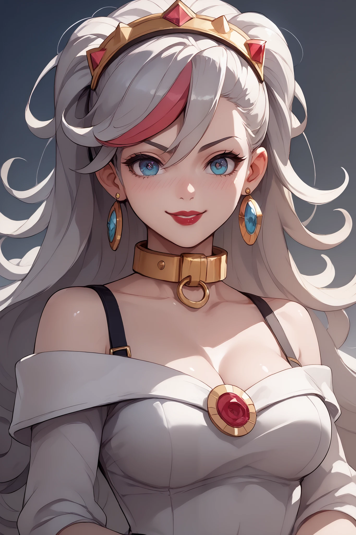 Anime model beautiful girl, ( platinum hair ), ((very long curly hair)),  perfect face, innocent smile, stem,(cerulean eyes), (that), (small), (thin), ((peito achatado)), ((21 years old)), dentadura da pele, Extreme Detail, charming oval face, Red lips, rosa,  shiny skin,  detailed hair , facial focus, Chest close up, decorative gold collar, gold earrings, ((1 girl)), Embarrassed expression,