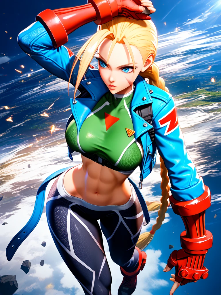 extremely detailed, 8k, masterpiece, official art, unreal engine, best quality, absurd res, ultra high res, 
BREAK, cammy white, blue short jacket, red gloves, black long leggings, sexy pause, 
BREAK, slender body, big breasts, tiny waist big, sexy body, sexy figure, slim thighs, sexy, beautiful Navel, desireable, tempting, Detailed drawing of eyelashes, 
BREAK, (((one leg standing))), The raised leg is turned to the side, 
BREAK, (((dynamic angle))),