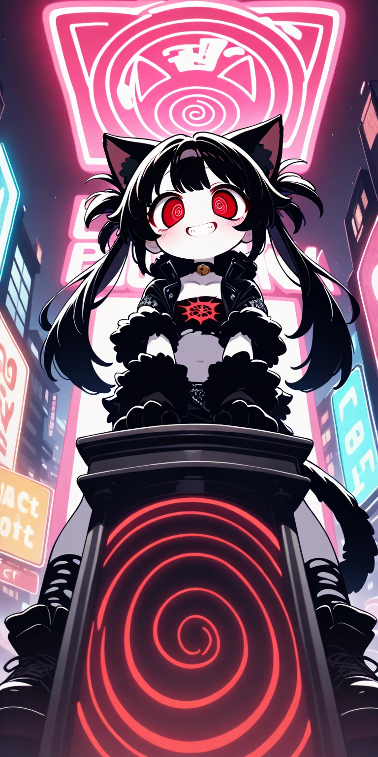 (Alone:1.2), 1 girl\( cute, Cute,( Evil Smiles ),  at your natural neck length,teeth,  stand on the podium, (text on the podium), ( black hair:1),( long hair),(twin tails:1.5), red eyes, ( detailed pupils:1.2),spiral eye, shining eyes , ( big eyes),(breast),( white skin:1.3), (punk fashion:1.6),(ripped clothes:1.3),(tight tube top),(tight hot pants),(The stomach is visible:0.8),( abs:0.8),(ripped black short jacket:1.4),(Fluffy black cat ears:1.6),(dynamic pose:1.4),bangs\). BREAK .background\(outside, Noisy city, Backstreet,  narrow street ,  from below, At night,spiral cityscape, neon lights\), pop art,  brightly colored , ( graffiti art:0.5)