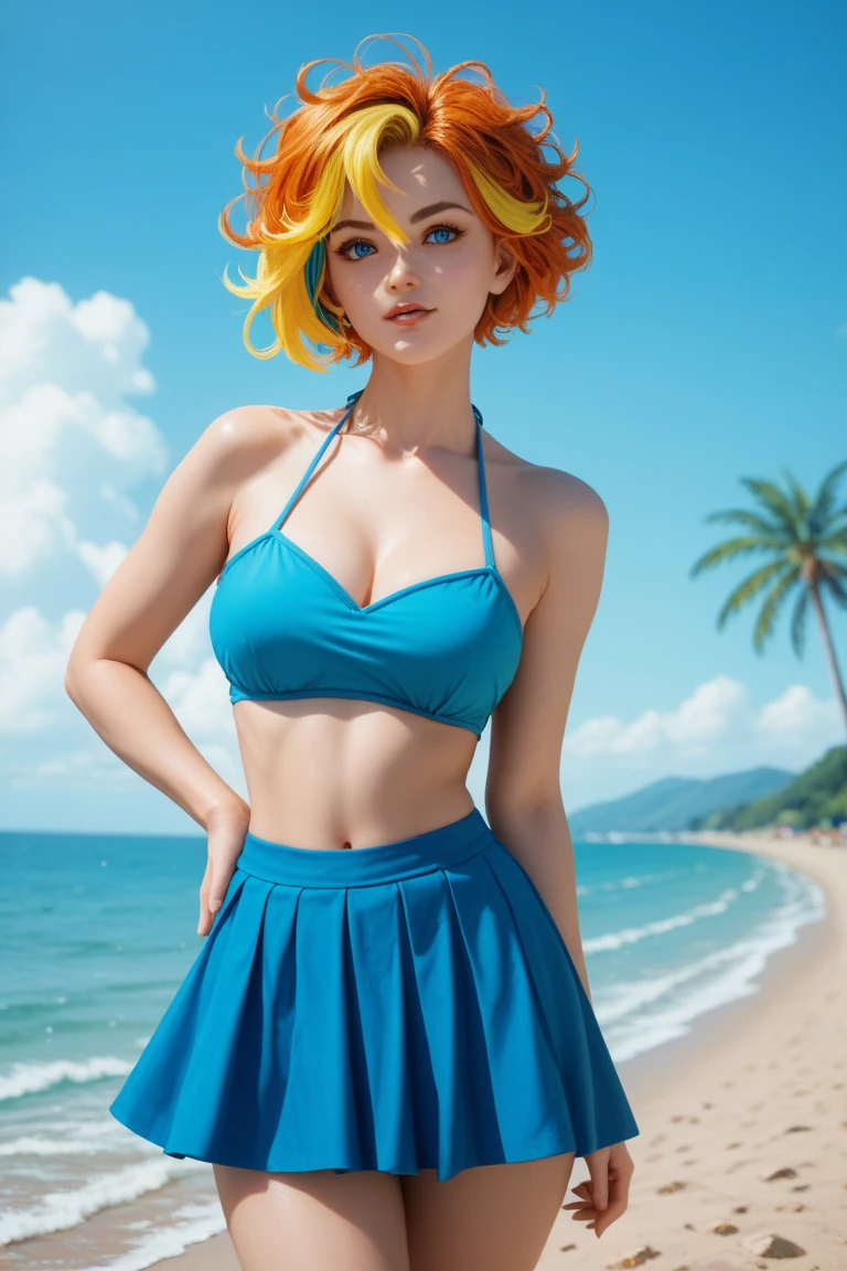 Sitting by the sea with legs bent, front view, beautiful woman, sandy beach, big waist, big breasts, yellow-green ruintail hair, coastline, sunny weather, blue sky