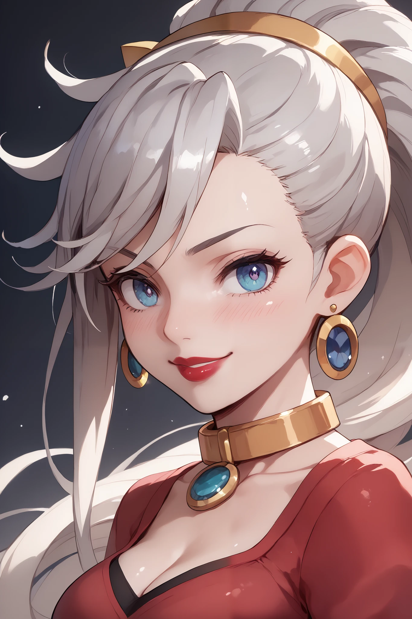 Anime model beautiful girl, ( platinum hair ), ((very long curly hair)),  perfect face, innocent smile, stem,(cerulean eyes), (that), (small), (thin), ((peito achatado)), ((21 years old)), dentadura da pele, Extreme Detail, charming oval face, Red lips, rosa,  shiny skin,  detailed hair , facial focus, Chest close up, decorative gold collar, gold earrings, ((1 girl)), Embarrassed expression,