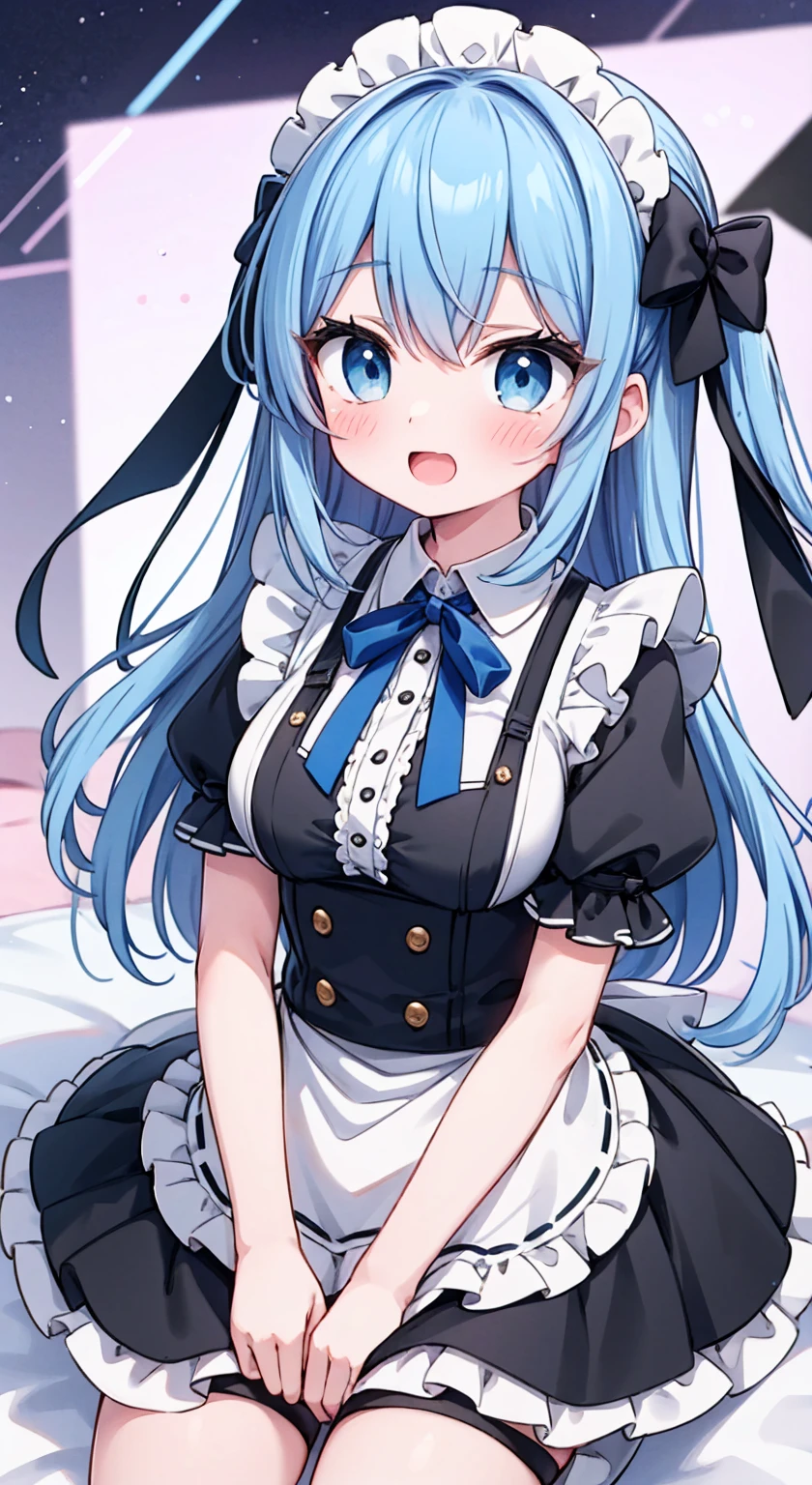 Full body painting,  High Quality ,  blue hair,  long hair,  blue eyes,hair bow,  headband,  red ribbon  , ruffle dress,  black dress,  Puff Sleeve , Maid, Black Ribbon,  neck ribbon ,  white shirt, button ギャップ, button, Expanding breasts,  Suspenders,  white apron,  waist apron  , Big Breasts,  short stack  ,  happy  , smile,  open mouth , incoming hug, score_9, score_8_  up, score_7_  up, shyness,Embarrassed,