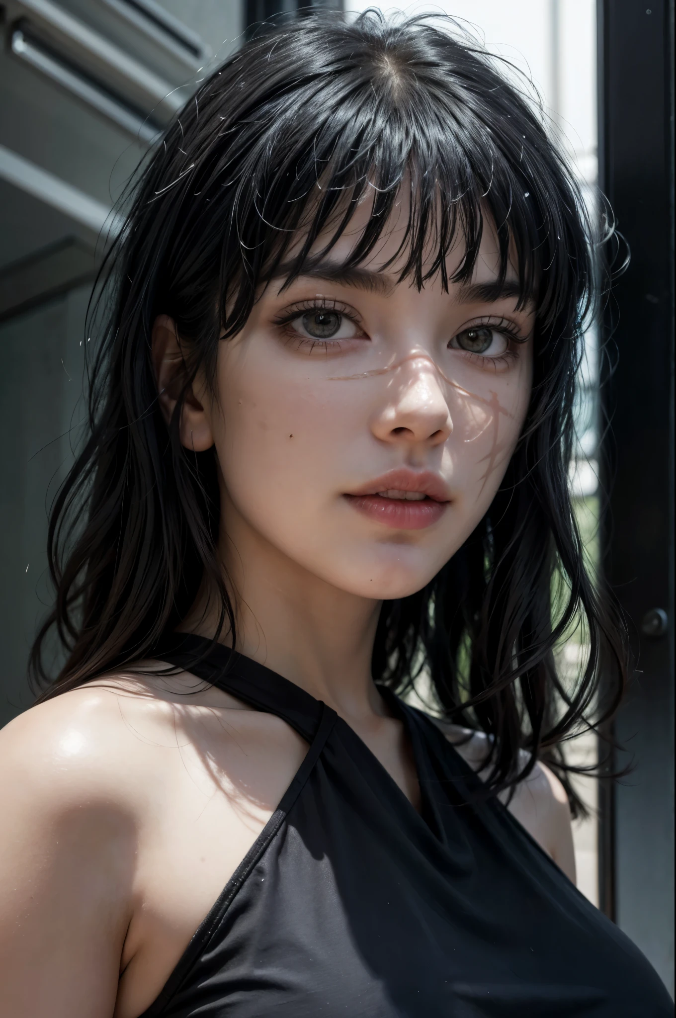 Yoru from chainsaw man , realistic, age 25, pure white skin, drown pupils, black bob long hair, perfect face, perfect size body, huge breasts, black and white dress, posing to viewer, 8k , ultra realistic.