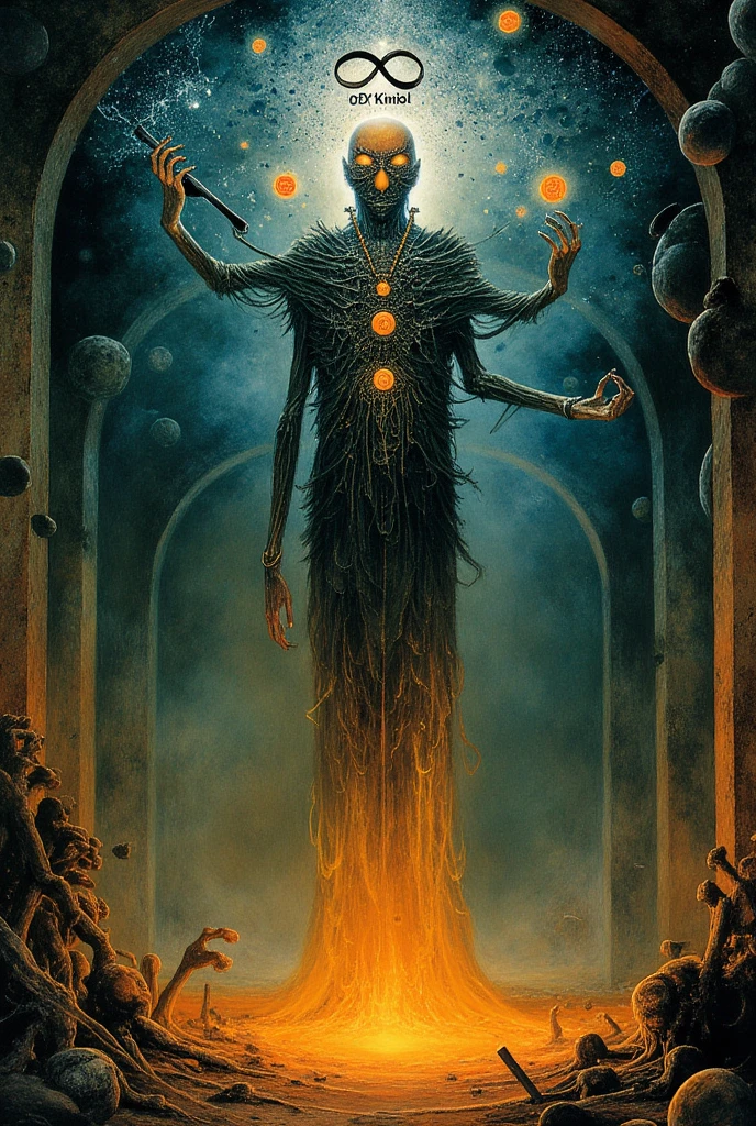 "A surreal and enigmatic figure stands as the Magus, embodying mastery of creation and transformation. The character is draped in tattered, otherworldly robes that seem to merge with the swirling, chaotic environment. His form is both human and ethereal, with elongated limbs and a face obscured by shadows or abstract geometric shapes, evoking mystery and awe. One hand stretches upwards, holding a glowing wand that pulsates with raw, cosmic energy, while the other hand points downwards into a churning void of light and darkness, symbolizing the flow of universal power.

The environment is otherworldly, a distorted and decayed landscape filled with fragmented structures, swirling mists, and glowing sigils. Elemental symbols—the wand, cup, sword, and disk—float around the figure in a chaotic, magnetic orbit, each radiating an eerie, phosphorescent glow. The backdrop features a decaying cosmos with twisting constellations and broken planetary fragments, merging Beksiński's apocalyptic vision with Thoth Tarot's mysticism.

The color palette is dominated by dark, muted tones—deep blues, burnt ochres, and ashen greys—interspersed with vibrant streaks of electric gold and crimson. The overall atmosphere is intense, mysterious, and deeply symbolic, evoking the interplay between destruction and creation, chaos and mastery. The infinity symbol hovers above the figure's head, fractured and glowing, anchoring the card's profound symbolism."

Size: 1024x1792 (portrait format, ideal for tarot card layout)