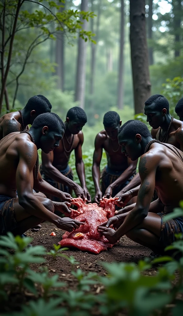 three MEN in their 20s dressed in tunic, sacrificing animals with Blood, candles, voodoo, clear and ultra realistic image