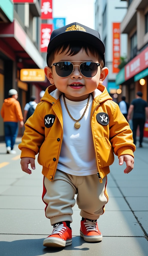 "Ultra-realistic 3D image of a cute, chubby Thai **** boy, dressed in a stylish K-pop dancer outfit, including a trendy jacket, oversized t-shirt, and matching pants. He is wearing a fashionable cap and sunglasses, exuding confidence and style as he walks down a sidewalk. The background features a lively urban setting with bustling streets and tall buildings, adding to the vibrant atmosphere. His playful smile and cool demeanor make him the center of attention, all captured in stunning 8K resolution."
