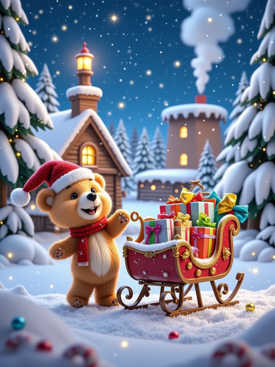  in the distance to create a warm and happy scene ， showing what a cute little bear looks like at Christmas 。 The little bear is wearing a small Christmas hat ， The furry body has some snowflakes ， It's standing cheerfully beside a sleigh full of gifts 。 The sleigh is colourfully decorated colored ribbons and shiny bells， Surrounded by a snowy forest 。 Snowflakes fall softly ， There is an old wooden house ，Cooking smoke billowing out of the chimney ，The stars twinkle in the sky， It's all wrapped up in the peaceful atmosphere of Christmas night 。