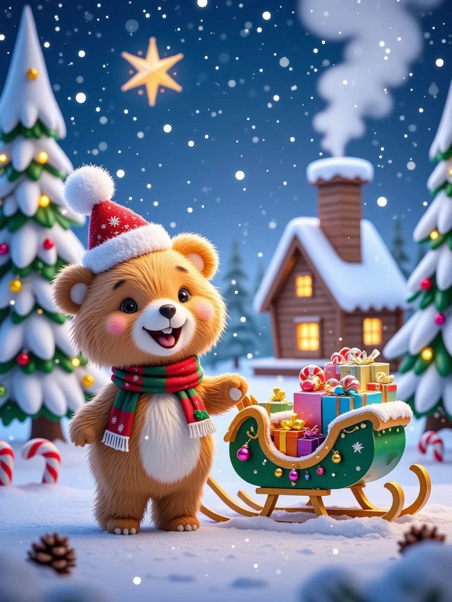  in the distance to create a warm and happy scene ， showing what a cute little bear looks like at Christmas 。 The little bear is wearing a small Christmas hat ， The furry body has some snowflakes ， It's standing cheerfully beside a sleigh full of gifts 。 The sleigh is colourfully decorated colored ribbons and shiny bells， Surrounded by a snowy forest 。 Snowflakes fall softly ， There is an old wooden house ，Cooking smoke billowing out of the chimney ，The stars twinkle in the sky， It's all wrapped up in the peaceful atmosphere of Christmas night 。