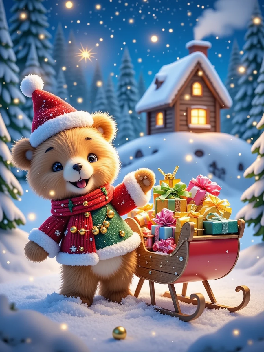  in the distance to create a warm and happy scene ， showing what a cute little bear looks like at Christmas 。 The little bear is wearing a small Christmas hat ， The furry body has some snowflakes ， It's standing cheerfully beside a sleigh full of gifts 。 The sleigh is colourfully decorated colored ribbons and shiny bells， Surrounded by a snowy forest 。 Snowflakes fall softly ， There is an old wooden house ，Cooking smoke billowing out of the chimney ，The stars twinkle in the sky， It's all wrapped up in the peaceful atmosphere of Christmas night 。