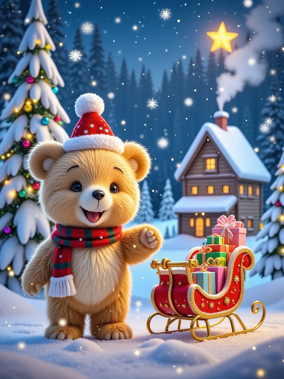  in the distance to create a warm and happy scene ， showing what a cute little bear looks like at Christmas 。 The little bear is wearing a small Christmas hat ， The furry body has some snowflakes ， It's standing cheerfully beside a sleigh full of gifts 。 The sleigh is colourfully decorated colored ribbons and shiny bells， Surrounded by a snowy forest 。 Snowflakes fall softly ， There is an old wooden house ，Cooking smoke billowing out of the chimney ，The stars twinkle in the sky， It's all wrapped up in the peaceful atmosphere of Christmas night 。