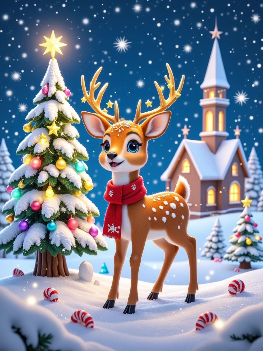  Make a charming and festive picture ， A cute little deer appears during the Christmas season 。A fawn wearing a red scarf ， decorated with golden stars on its antlers ， It stands gracefully in the center of a snow-covered meadow 。 There are several Christmas trees decorated with colorful light bulbs and silver snowflakes around the meadow。There are white snowflakes in the sky， In the distance is a lovely little church ， There are a bright star on the church spire ， The whole scene is bathed in the bright stars of Christmas night 。