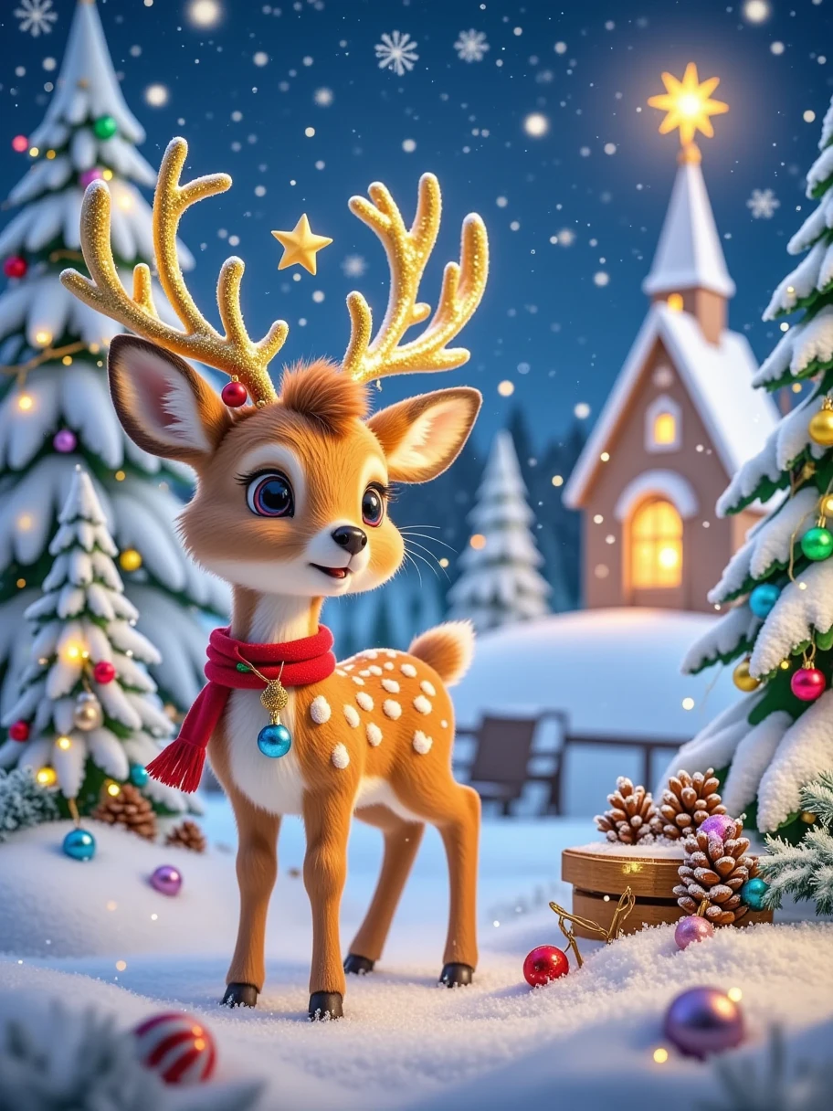  Make a charming and festive picture ， A cute little deer appears during the Christmas season 。A fawn wearing a red scarf ， decorated with golden stars on its antlers ， It stands gracefully in the center of a snow-covered meadow 。 There are several Christmas trees decorated with colorful light bulbs and silver snowflakes around the meadow。There are white snowflakes in the sky， In the distance is a lovely little church ， There are a bright star on the church spire ， The whole scene is bathed in the bright stars of Christmas night 。