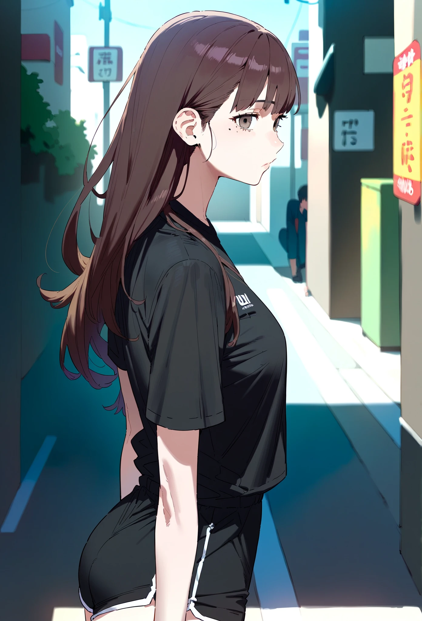 score_9, score_8_up, score_7_up, score_6_up, source_anime, 1girl, (solo:1.1),long hair, brown hair, brown eyes, mole under eye, black shirt, short sleeves, polo shirt, sportswear, black shorts, short shorts, expressionless, Narrow shoulders, street, outdoors, looking at viewer