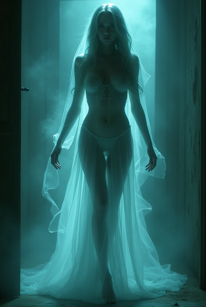 Translucent, bioluminescent woman with a mystique that would charm the rockiest soul depicted in a voluminous opulent costume conducting an outlandish, extraterrestrial autopsy in the confines of a conspicuously unassuming bedroom, appearing as a tiny doll in a concealing princely garment. Her oversized, compelling eyes feature an ethereal expression. Ensconced in an atmosphere rendered swirling with surreal