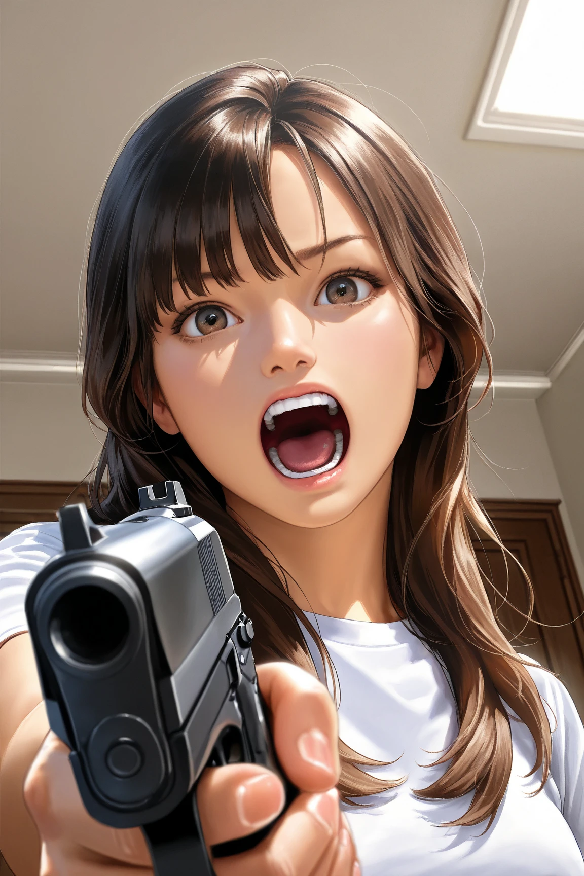 photorealistic illustration, a distraught woman is screaming and aiming the gun at the viewer, foreshortening, dramatic angle, room interior background, elaborate details