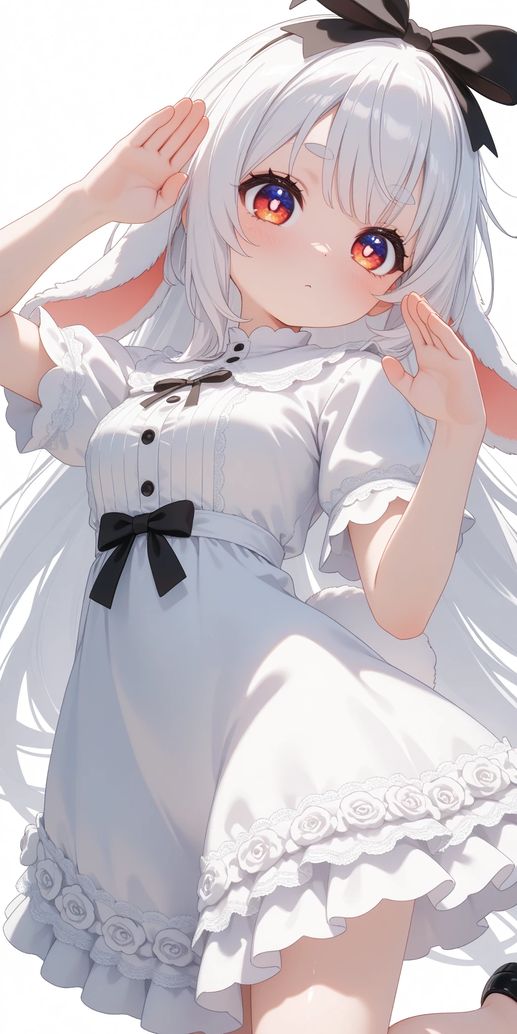 (solo:1.2),1girl\(chibi,cute,kawaii,(white hair:1.4),(very long hair:1.6),bangs,(ear\(fluffy,white,rabbit-ear\):1.4),red eye,big eye,beautiful shiny eye,detailed pupils,skin color white,big black hairbow,(white frilled silky dress:1.3),breast,cute pose,cute hand sign\),background\(colorful roses,by the beautiful lake,((beautiful sunny day))\),,close-up girl,3d,(((dynamic pose))),masterpiece,best quality,newest,