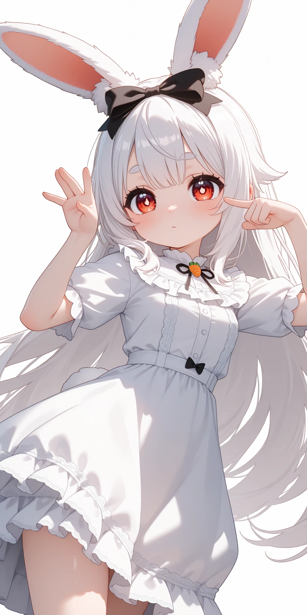 (solo:1.2),1girl\(chibi,cute,kawaii,(white hair:1.4),(very long hair:1.6),bangs,(ear\(fluffy,white,rabbit-ear\):1.4),red eye,big eye,beautiful shiny eye,detailed pupils,skin color white,big black hairbow,(white frilled silky dress:1.3),breast,cute pose,cute hand sign\),background\(colorful roses,by the beautiful lake,((beautiful sunny day))\),,close-up girl,3d,(((dynamic pose))),masterpiece,best quality,newest,